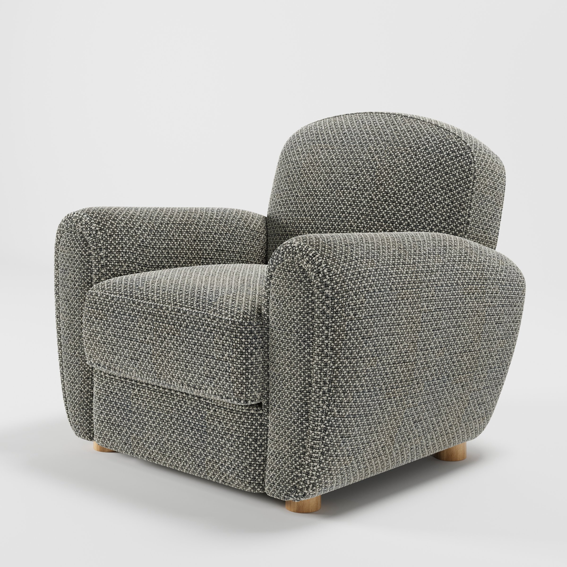 Fergus armchair in Rousay Wool Blend Tar and Chalk shown at a diagonal angle highlighting rounded arms and seat depth.
