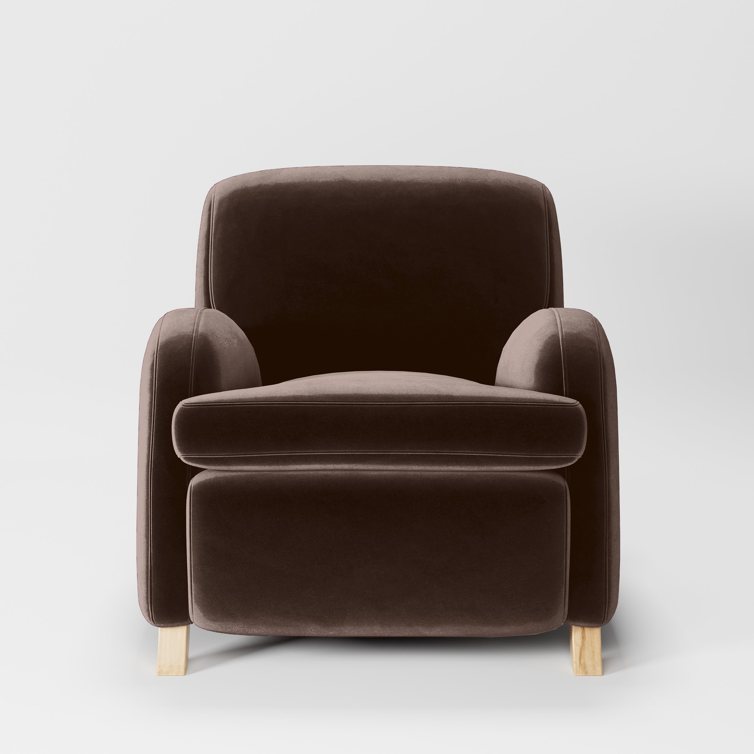 Front view of the Rye armchair upholstered in Plush EasyClean Velvet in Mole.