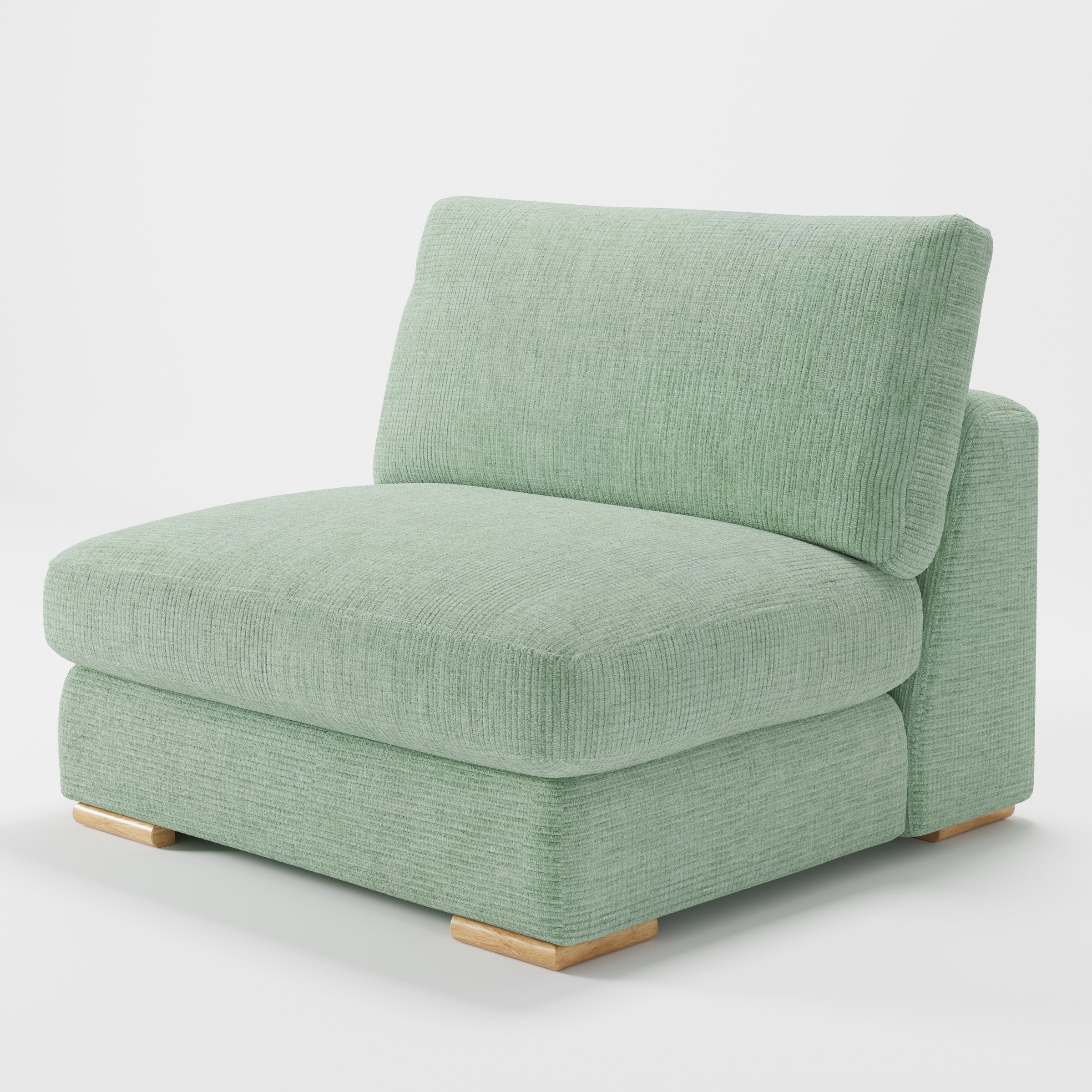 Olton single sofa unit in Caldey Velvet Corduroy Eucalyptus shown from a diagonal angle highlighting the deep seat, soft cushions and timber feet.
