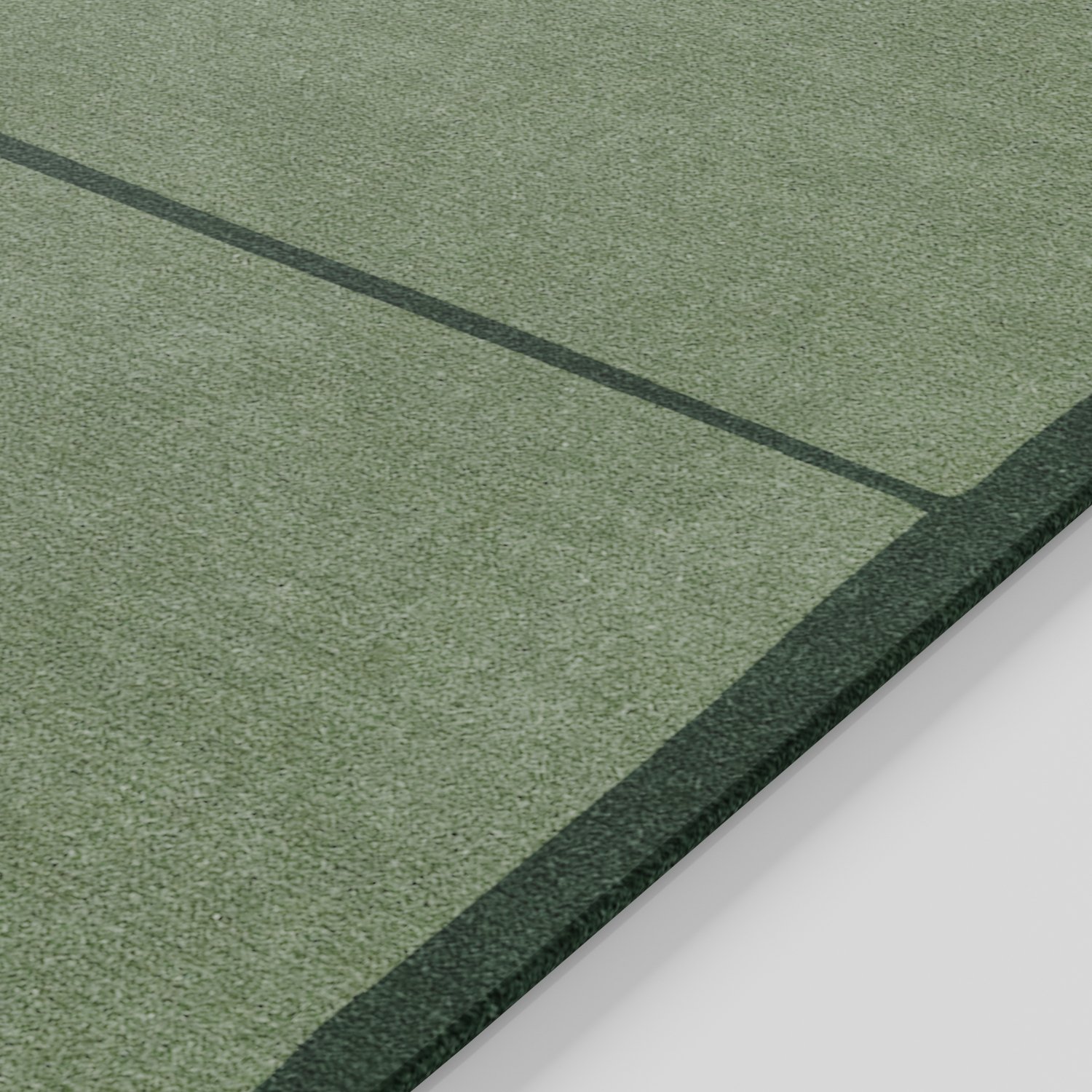 Marl rug in soft green tones with abstract linear geometric pattern, close-up detail showing border edge and even pile texture, hand tufted wool and viscose blend