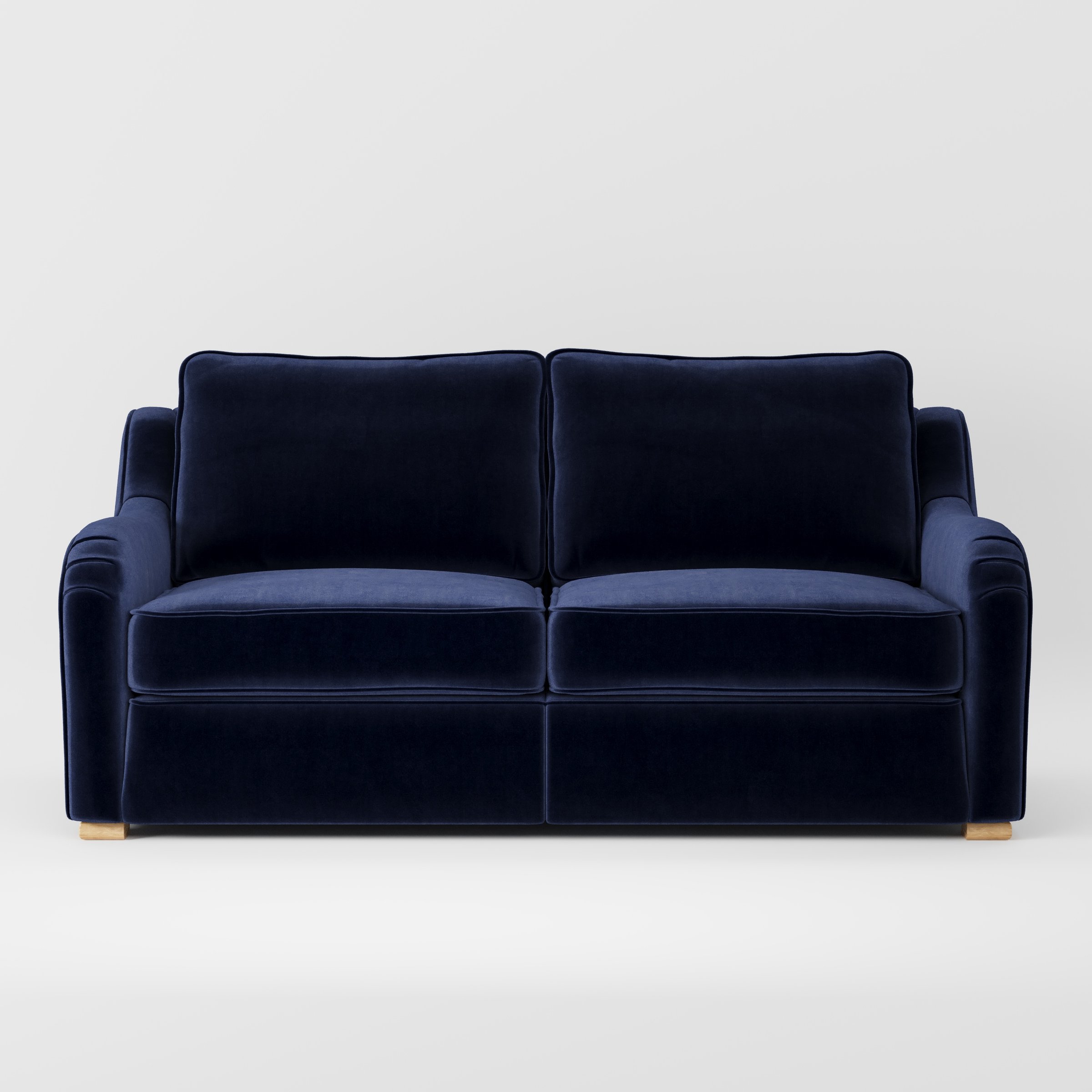 Cashel sofa in Noss Velvet Navy shown front-on against a neutral studio backdrop.