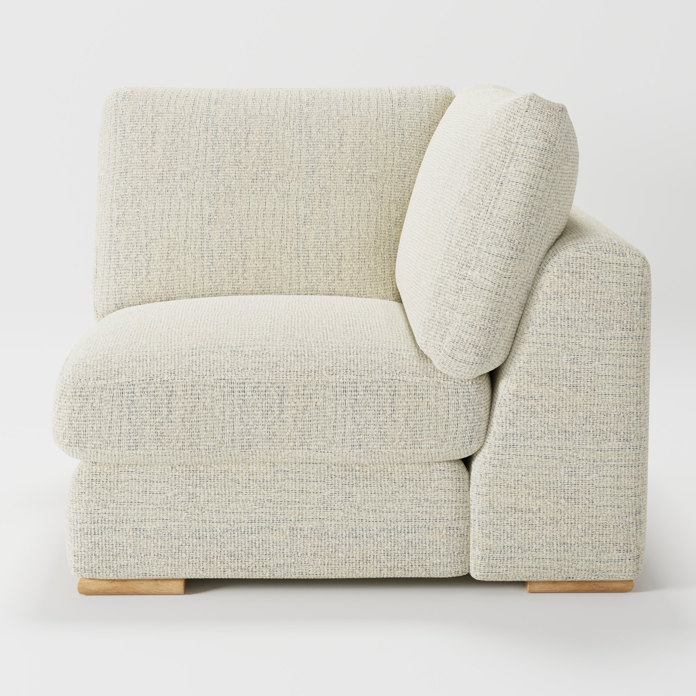 Olton corner unit in Orsay bouclé cream and marine fabric, left side view showing arm structure and woven texture