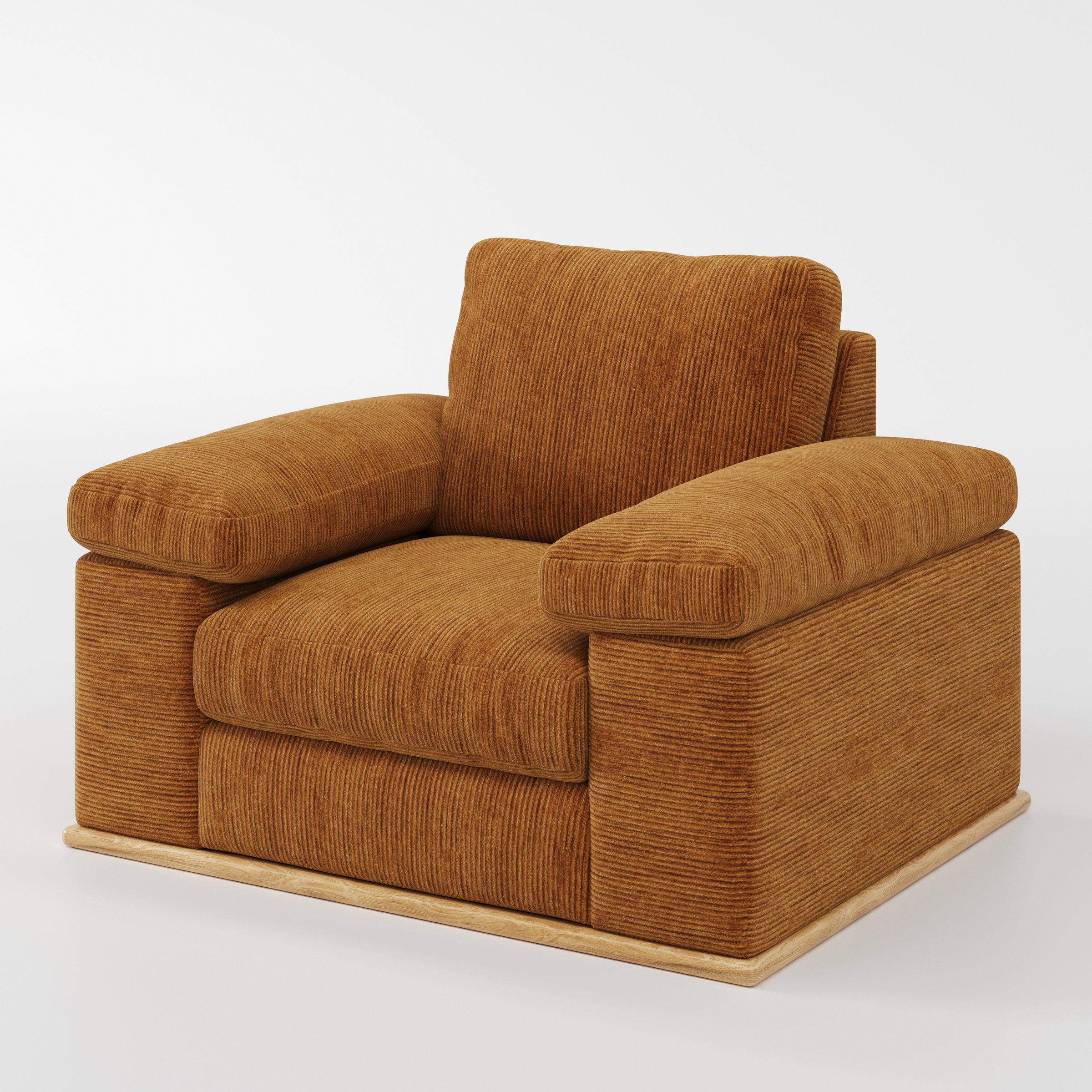 Cusher armchair in Caldey Velvet Corduroy Tobacco shown at a diagonal angle highlighting arms and seat depth.