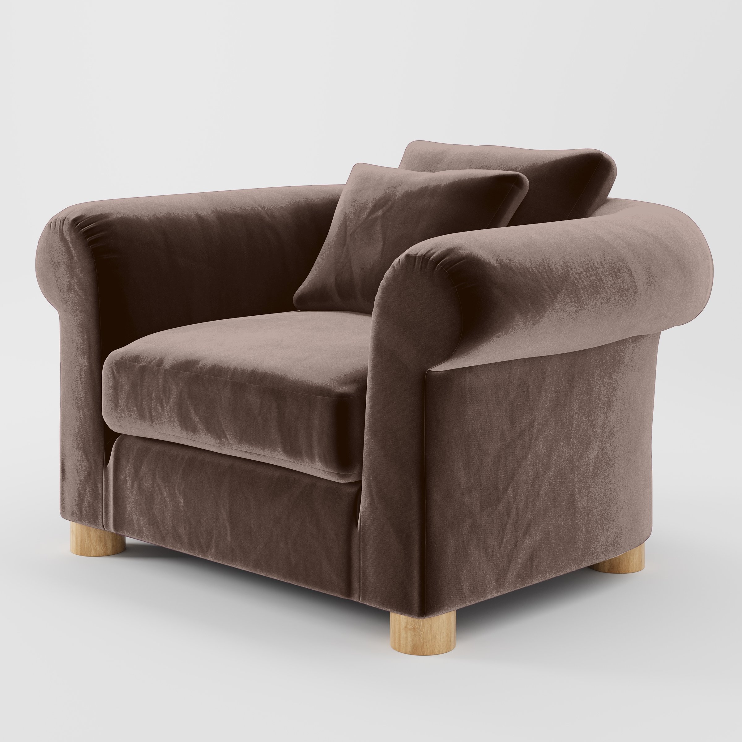Diagonal view of the Windermere armchair upholstered in Plush EasyClean Velvet in Mole.
