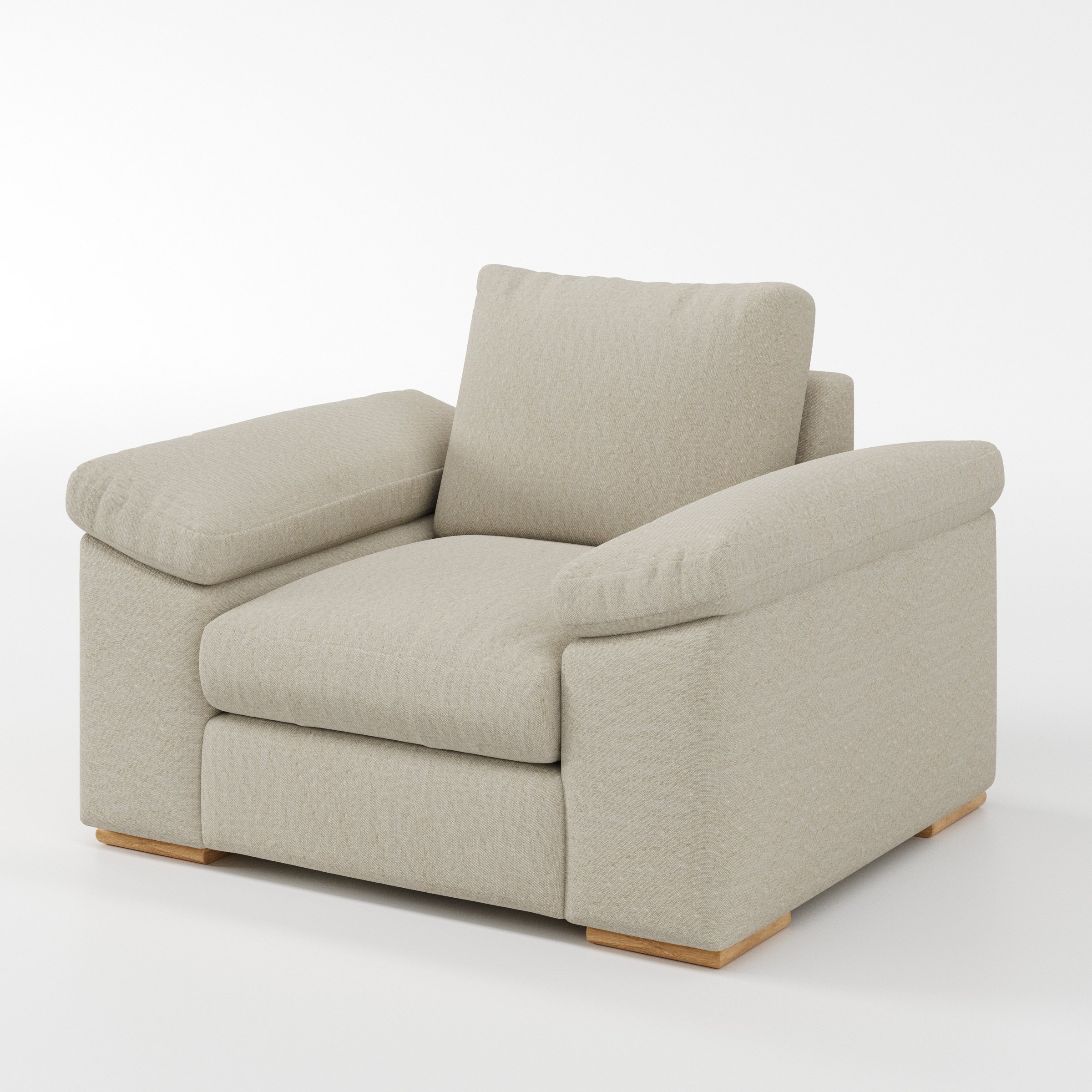 Moy armchair in Alderney Linen Oatmeal shown at a diagonal angle highlighting arms and seat depth.