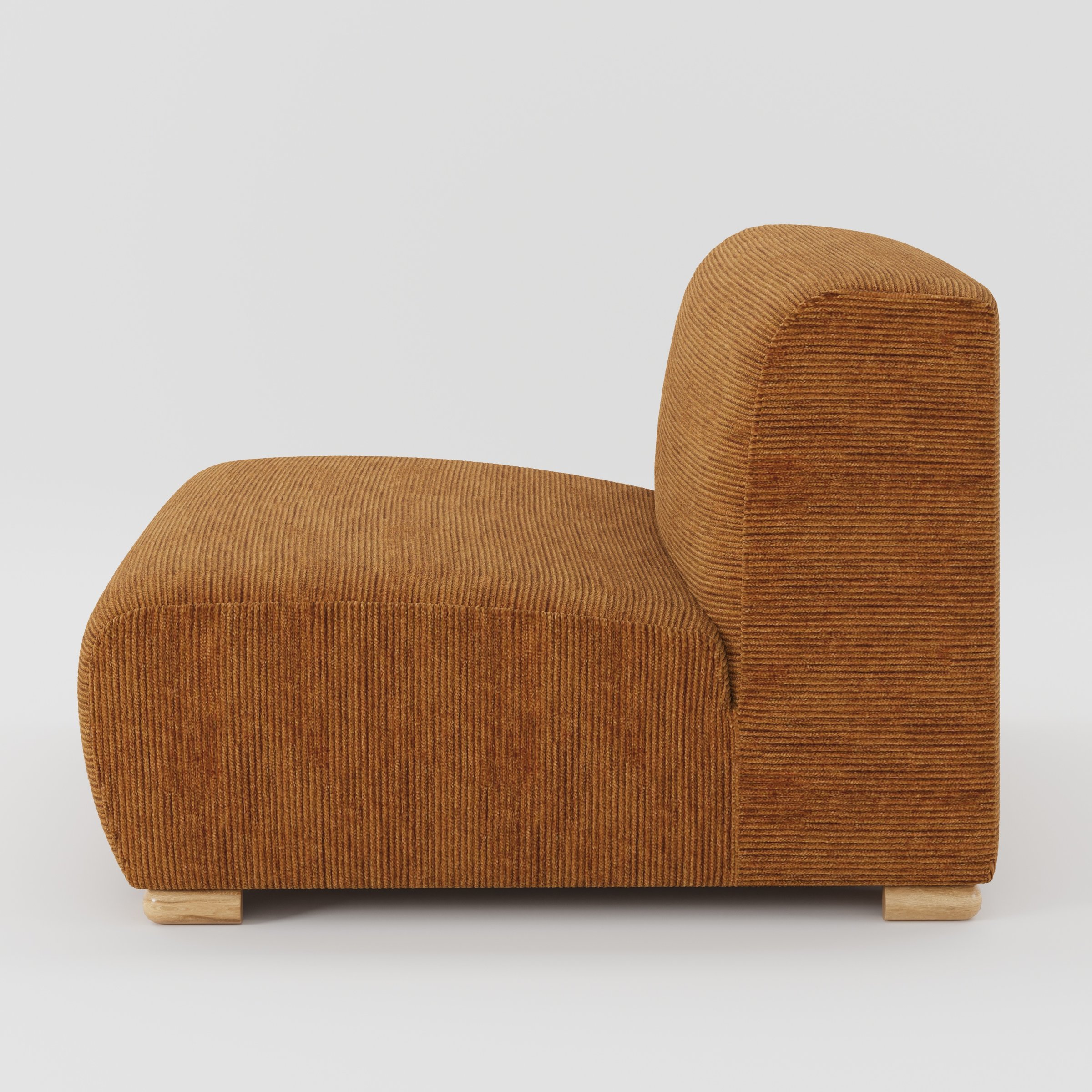Tay single sofa unit in Caldey Velvet Corduroy Tobacco shown from the side showing the low backrest, deep seat and timber feet.