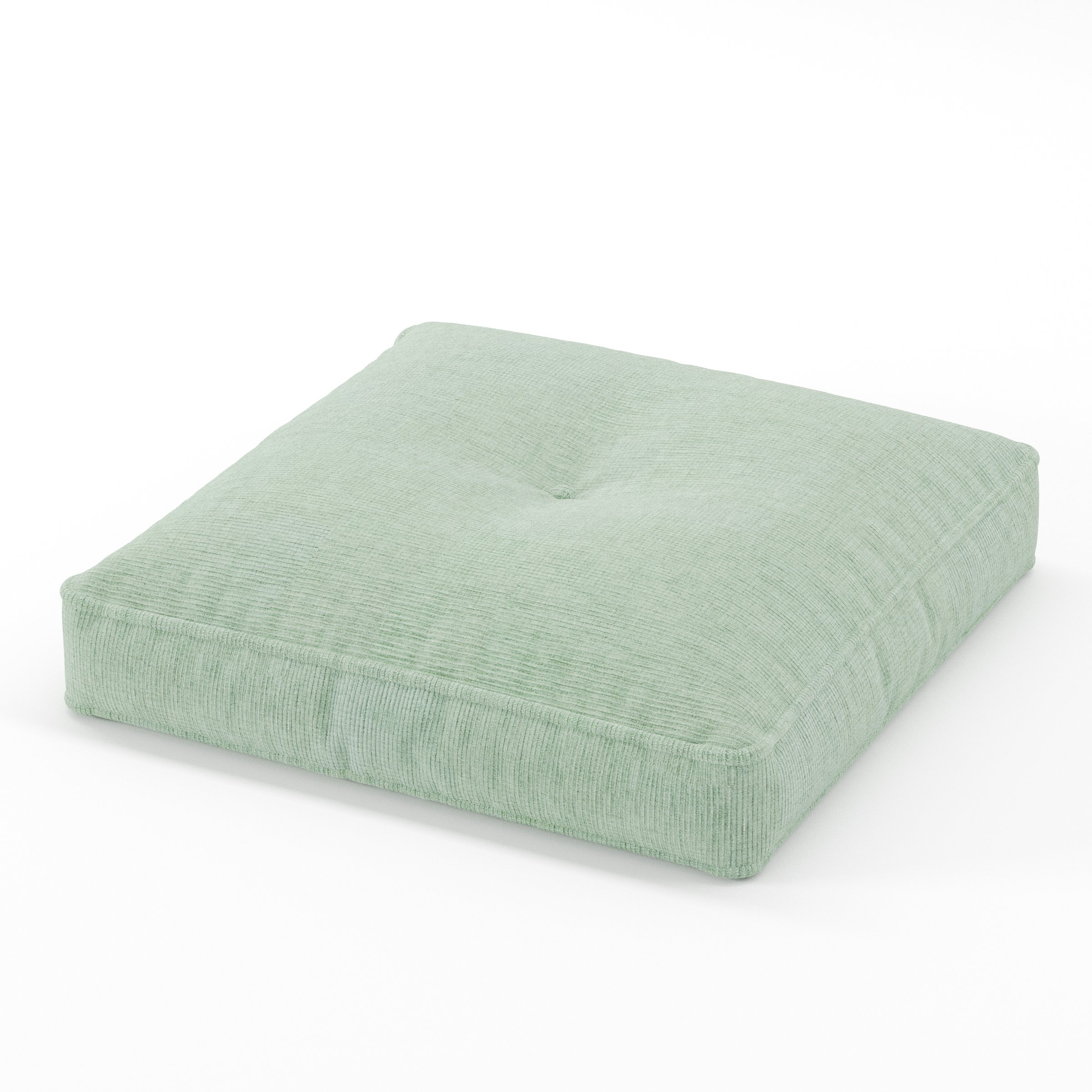 Base cushion in Caldey Velvet Corduroy Eucalyptus, square tufted cushion with border and piping in soft green corduroy velvet with central tuft detail, size 60cm x 60cm x 8.75cm