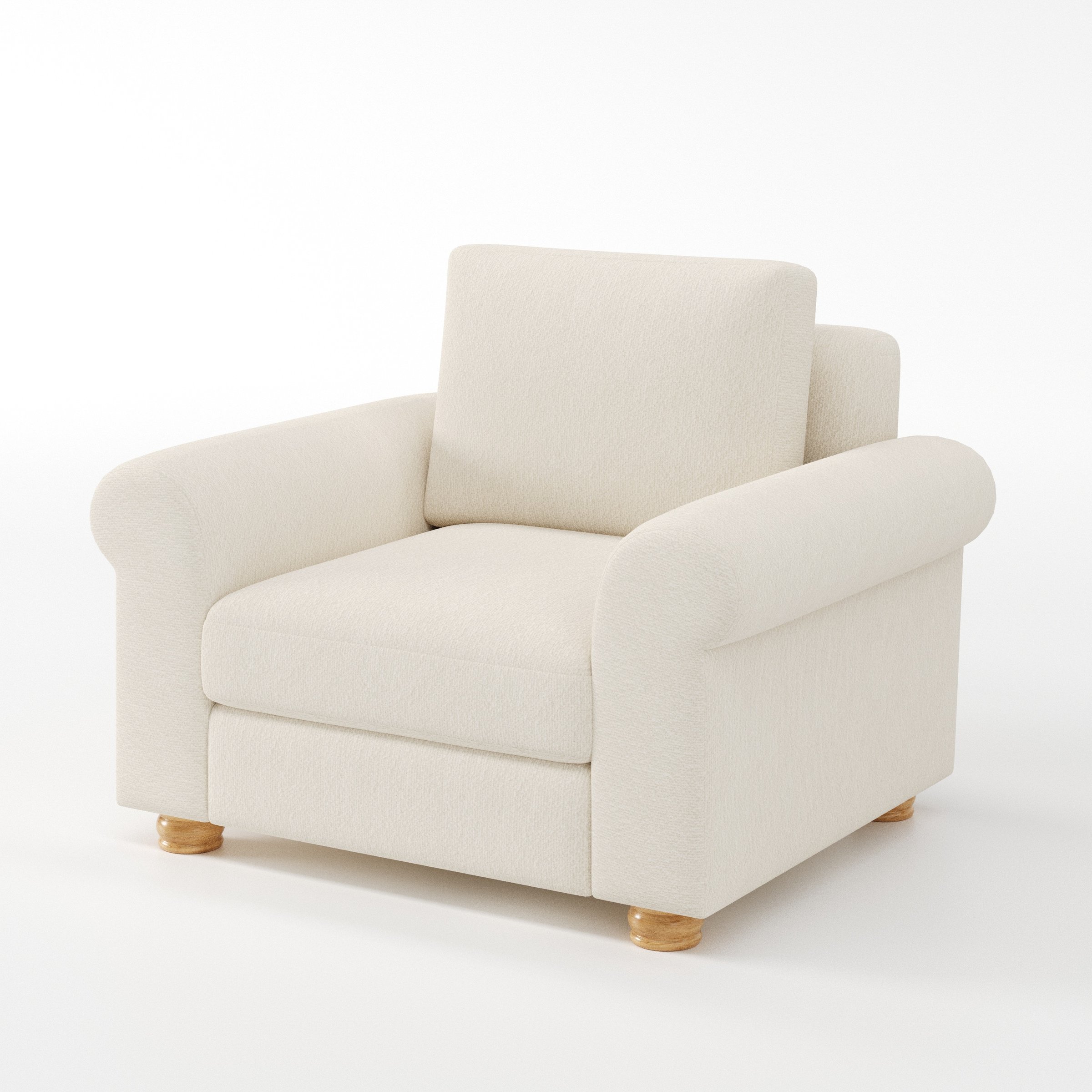 Anna Lee armchair in Kilda Boucle Cream shown at a diagonal angle highlighting arms and seat depth.