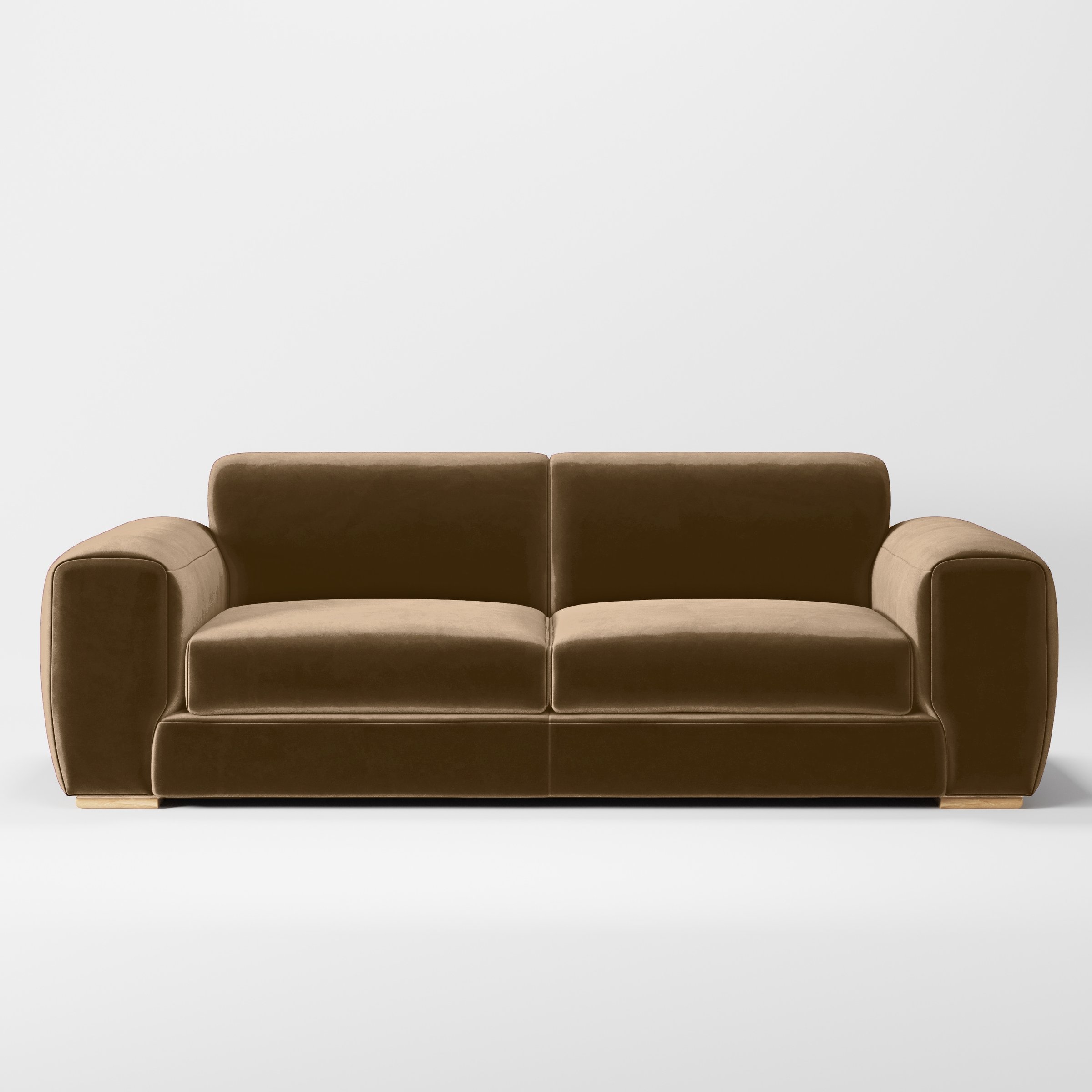 Front view of the Darwell sofa upholstered in Plush EasyClean Velvet in Caribou.