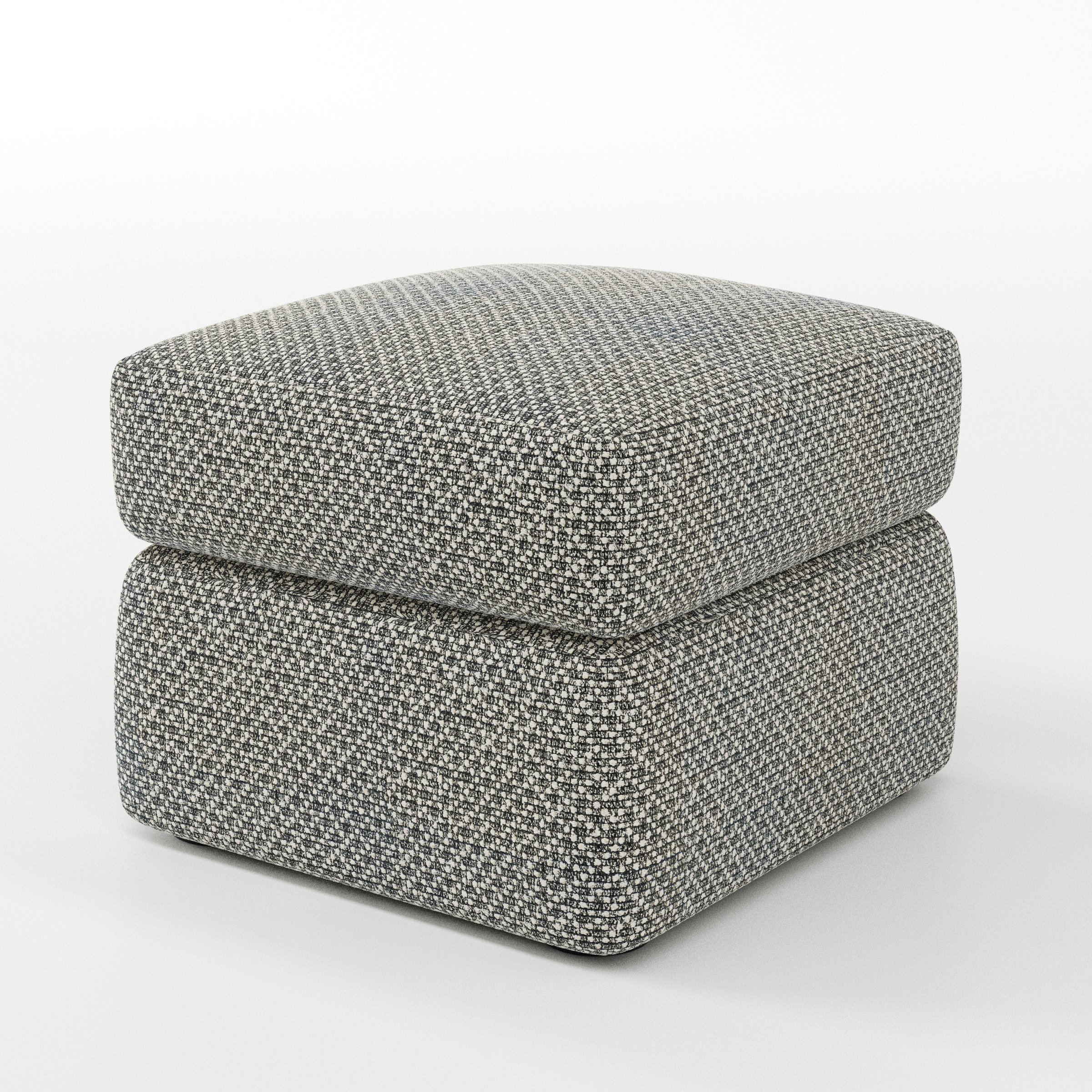 Coniston footstool in Rousay Wool Blend Tar and Chalk shown at a diagonal angle highlighting clean lines and deep cushioning.