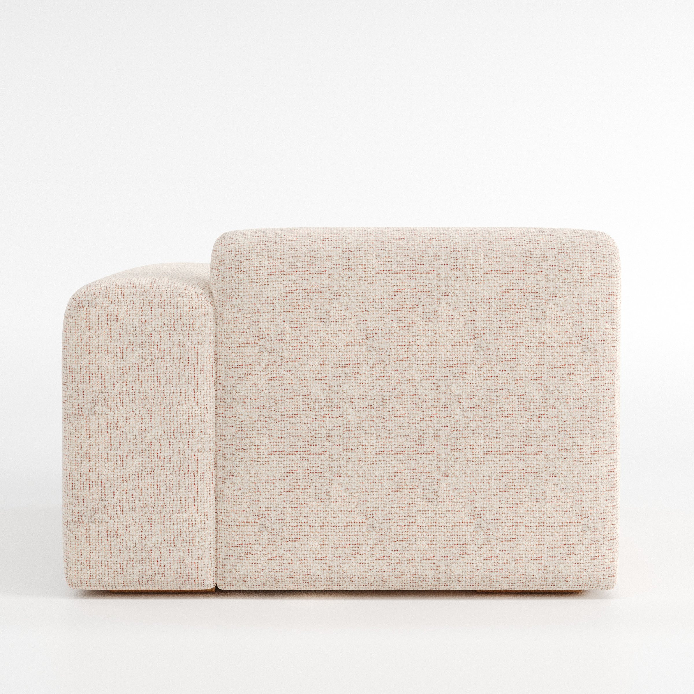 Drumquin modular sofa right side unit in Orsay Bouclé Cream and Copper shown from the back with a smooth, softly curved silhouette and armrest edge visible.