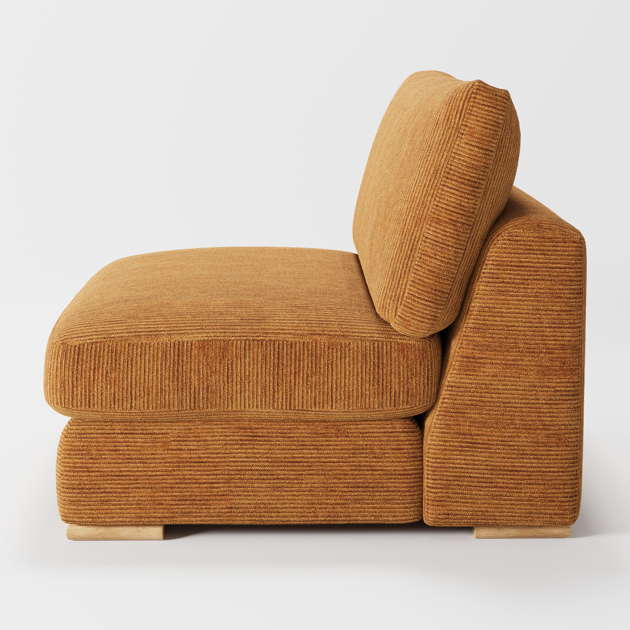 Olton single sofa unit in Caldey Velvet Corduroy Tobacco shown from the side showing the layered seat cushion and angled back cushion with timber feet.