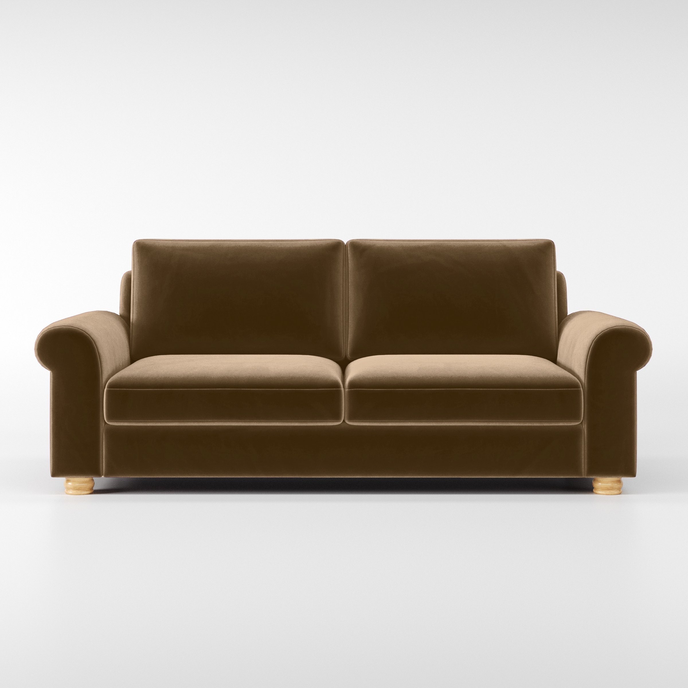 Front view of the Anna Lee sofa upholstered in Plush EasyClean Velvet in Caribou.