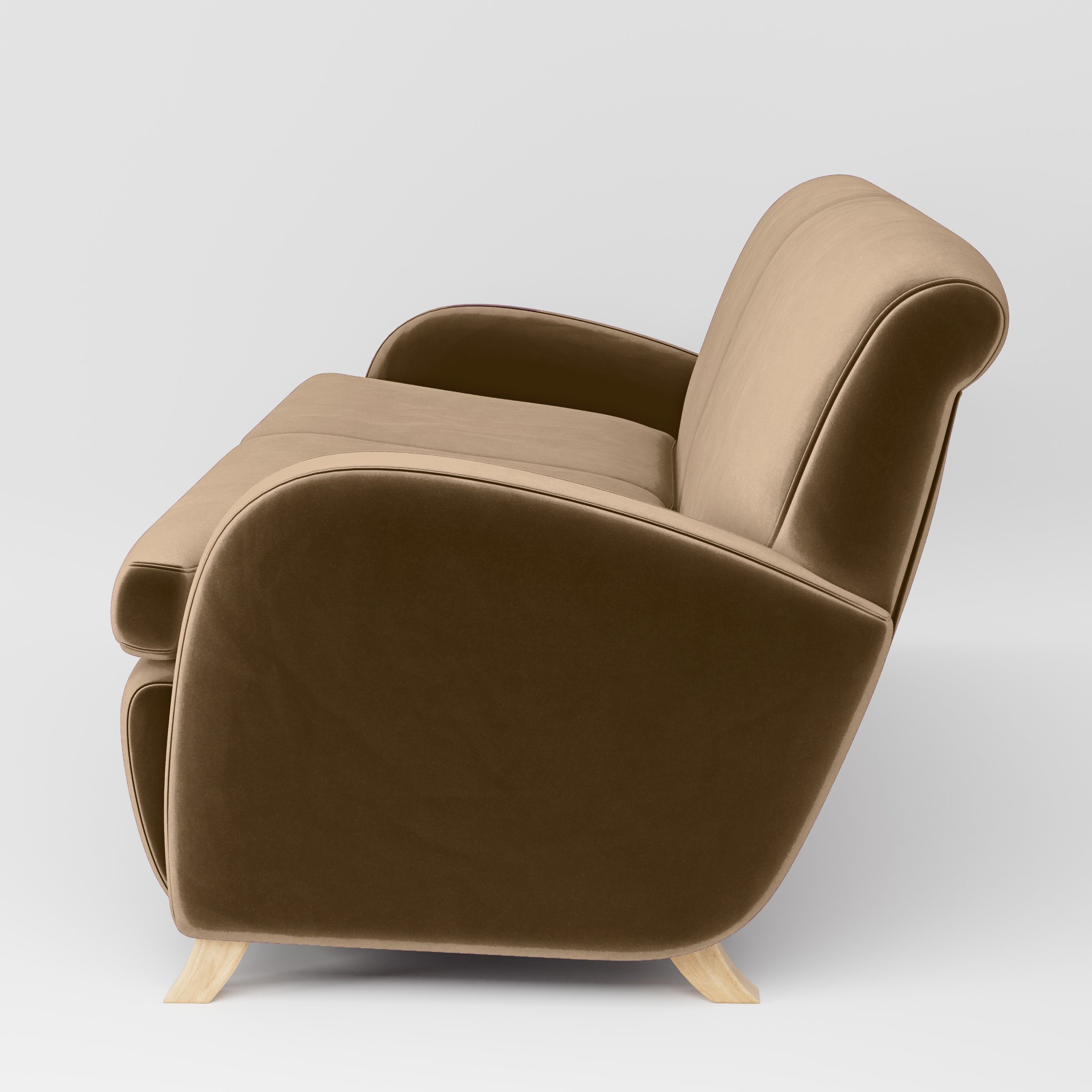 Side view of the Rye sofa upholstered in Plush EasyClean Velvet in Caribou.