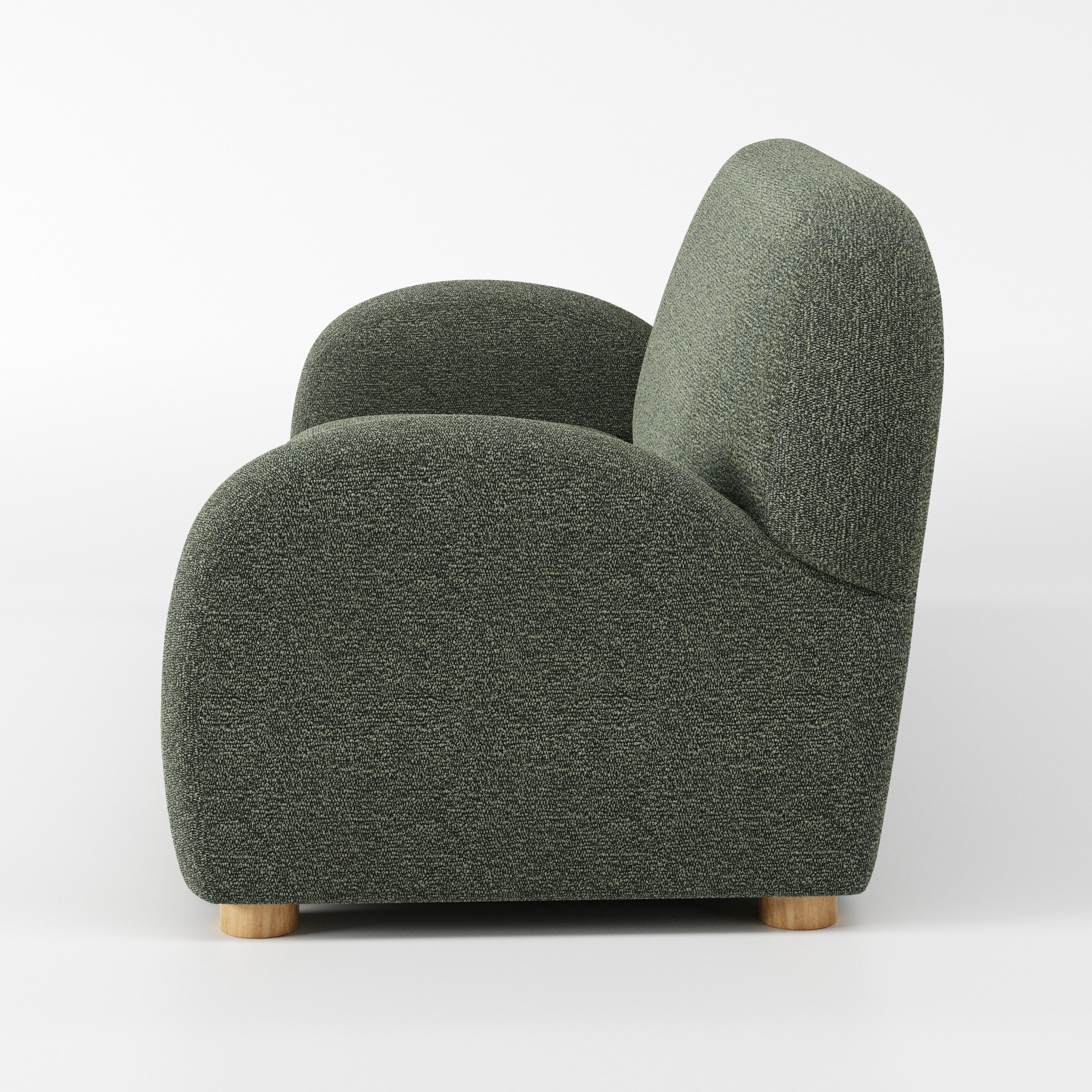 Awe sofa in Kilda Boucle Moss shown in side profile displaying proportions and overall silhouette.