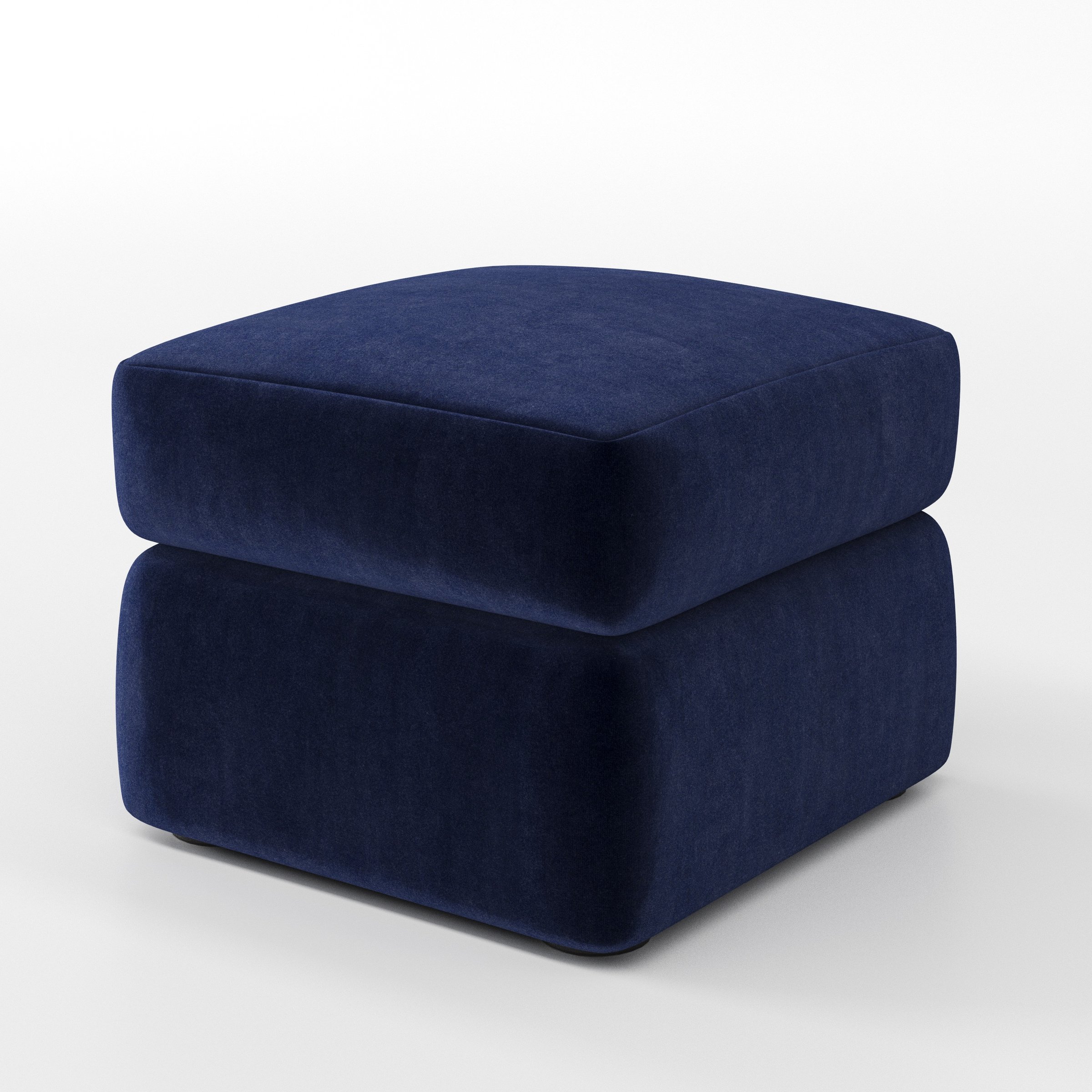 Coniston footstool in Noss Velvet Navy shown at a diagonal angle highlighting clean lines and deep cushioning.