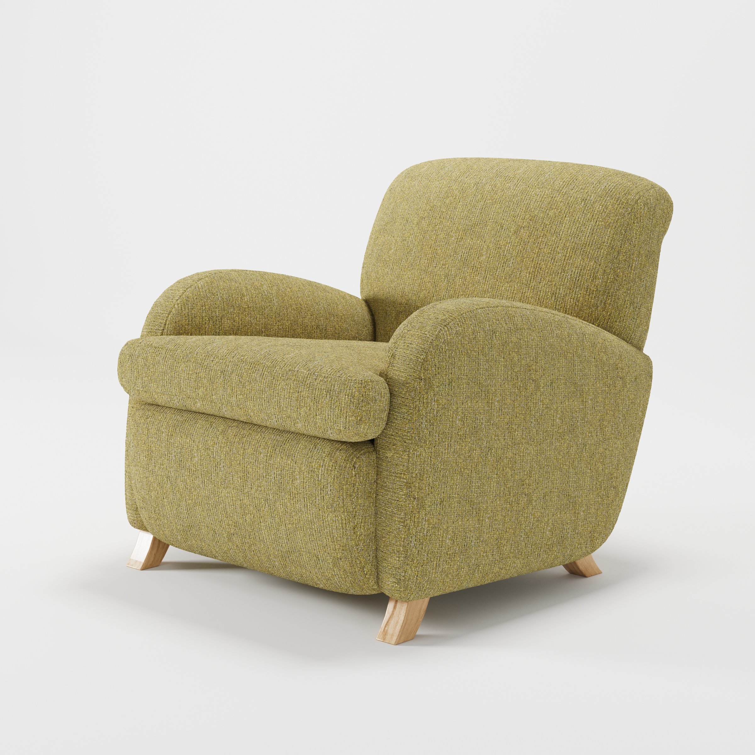 Rye armchair in Heyling Tweed Sencha shown at a diagonal angle highlighting arms and seat depth.