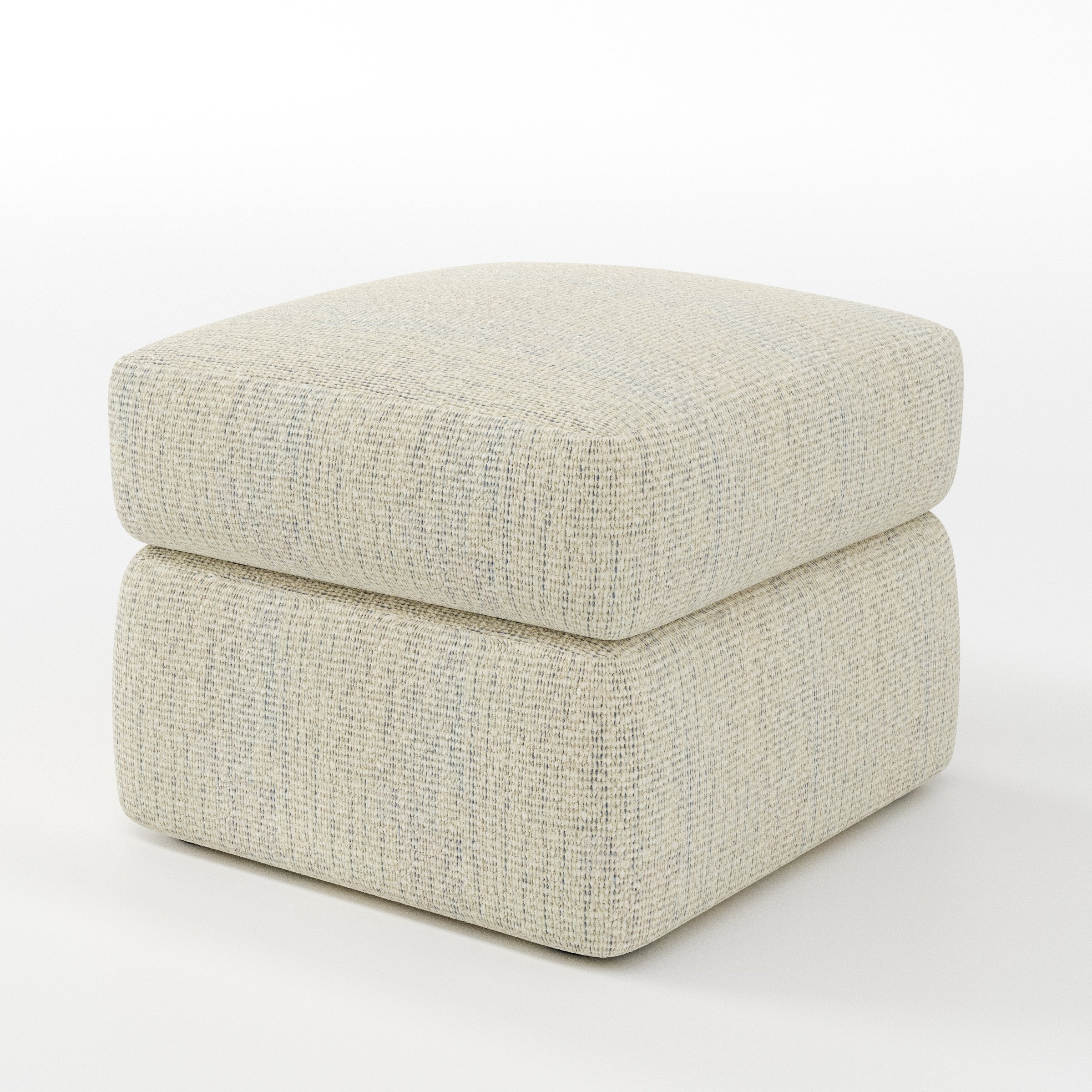 Coniston footstool in Orsay Boucle Cream and Marine shown at a diagonal angle highlighting clean lines and deep cushioning.