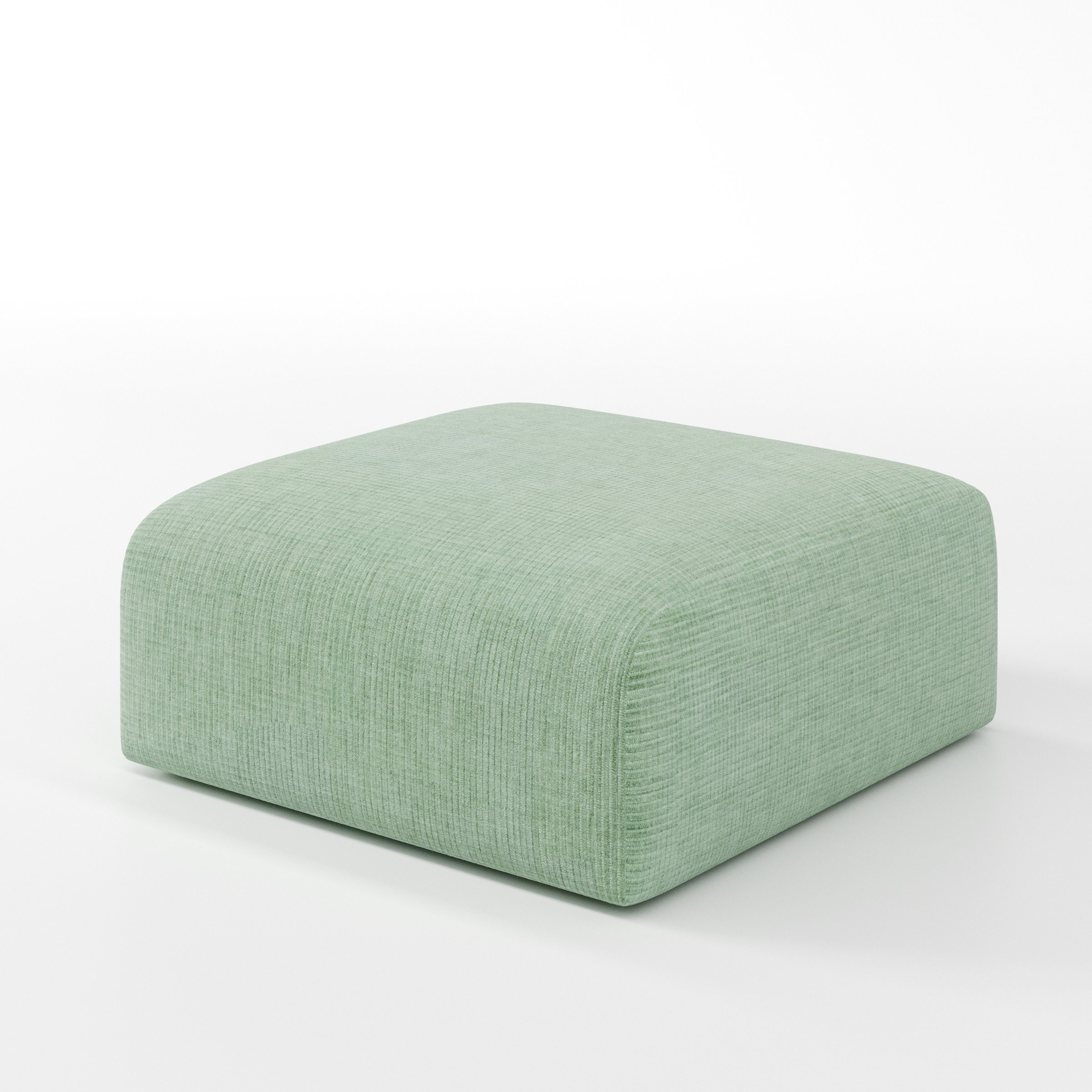 Drumquin footstool in Caldey Velvet Corduroy Eucalyptus shown at a diagonal angle highlighting smooth sides and minimal silhouette.