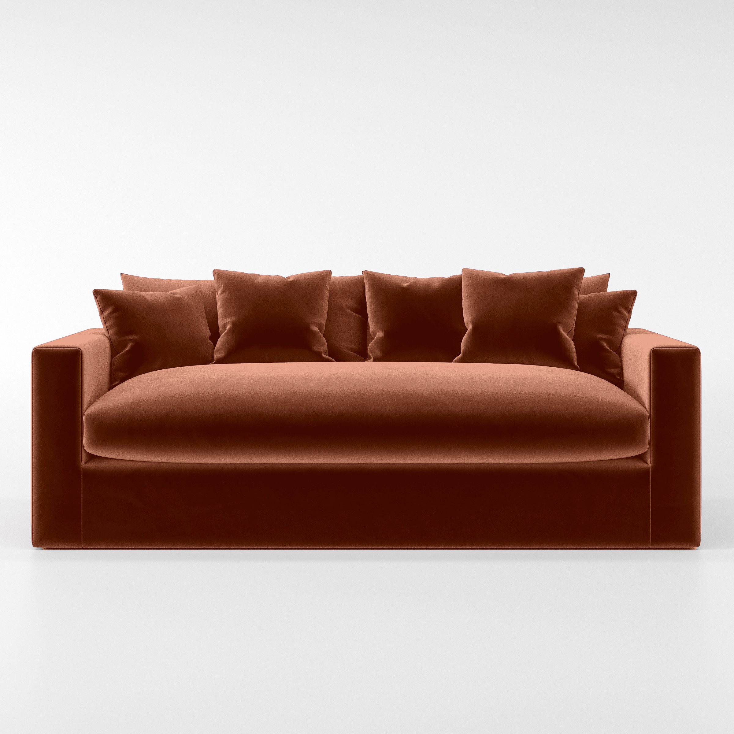 Front view of the Coniston sofa upholstered in Plush EasyClean Velvet in Apricot.