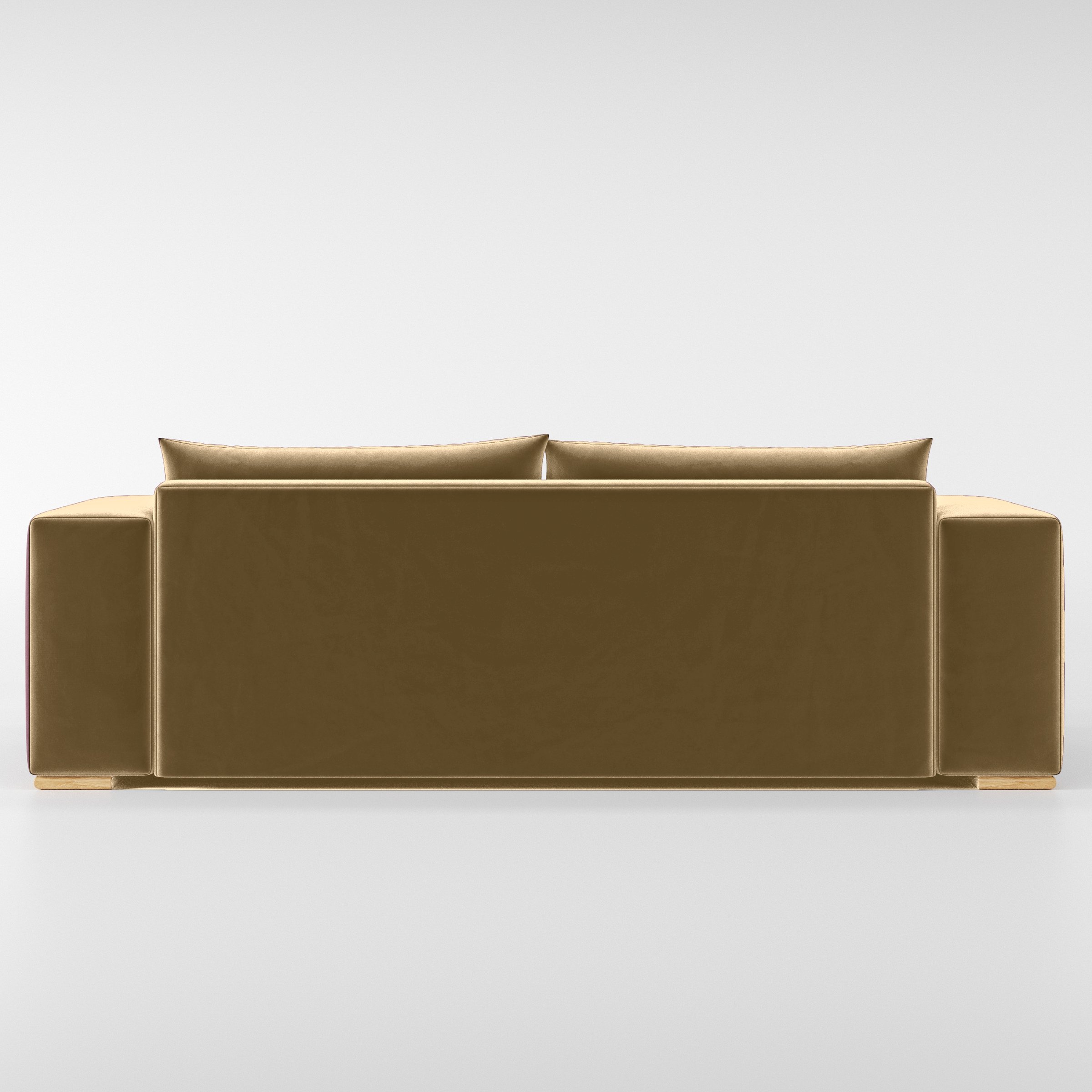 Rear view of the Fane sofa upholstered in Plush EasyClean Velvet in Cafe.