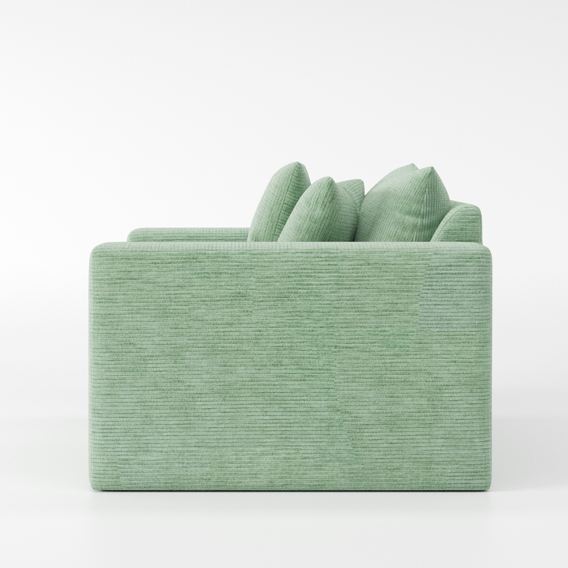 Coniston armchair in Caldey Velvet Corduroy Eucalyptus shown in side profile displaying proportions and overall silhouette.