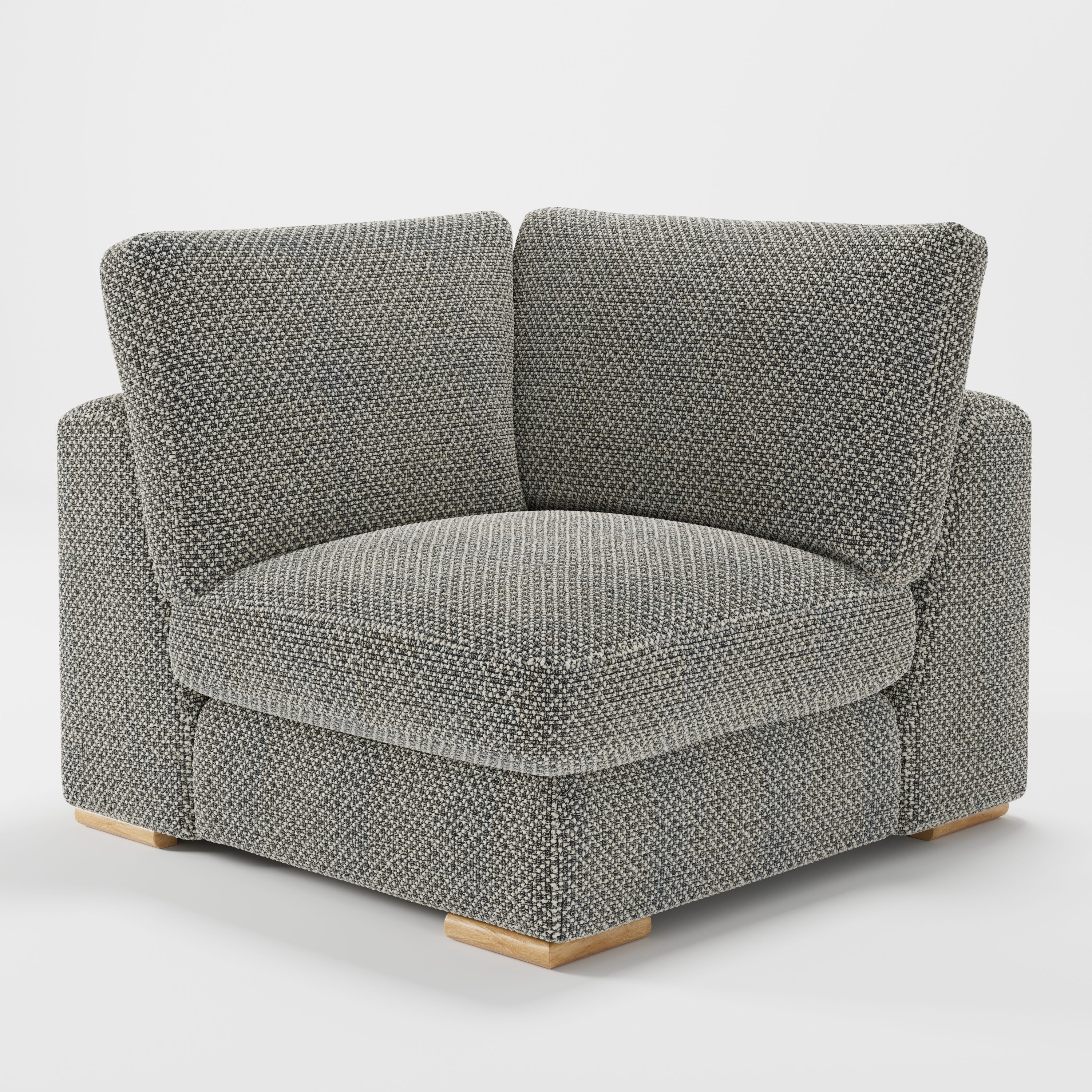 Olton corner unit in Rousay wool blend tar and chalk fabric, diagonal view highlighting structured form and woven texture