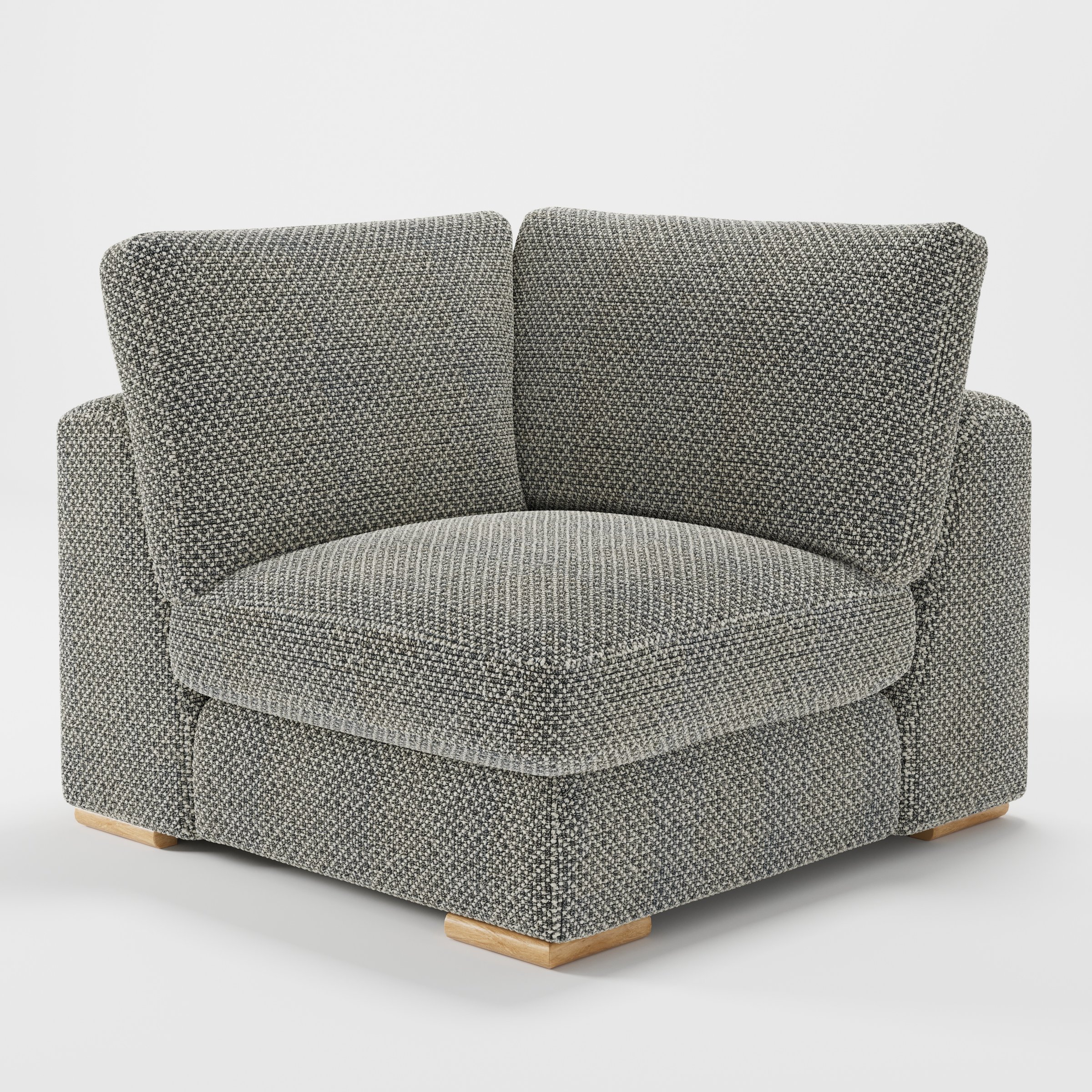 Olton corner unit in Rousay wool blend tar and chalk fabric, diagonal view highlighting structured form and woven texture