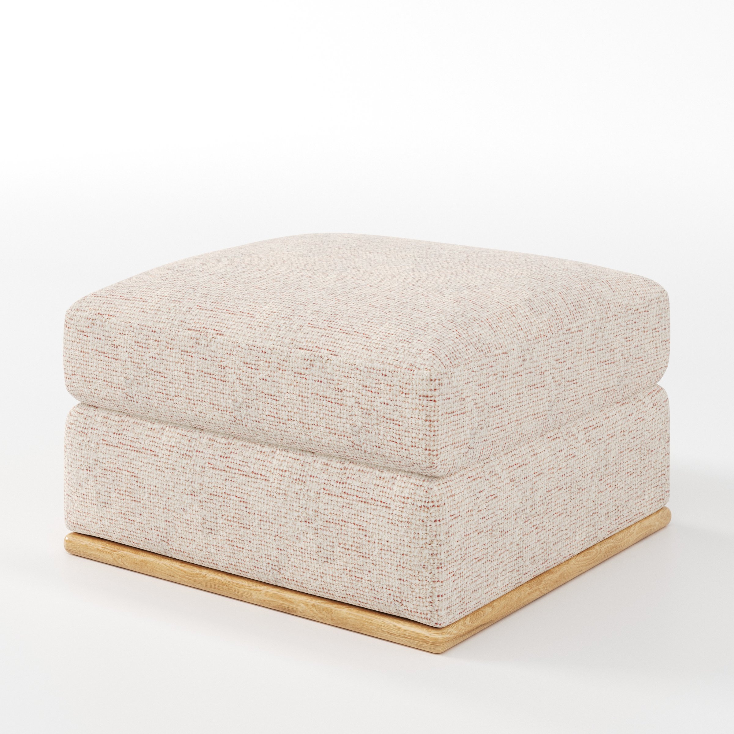 Cusher footstool in Orsay Boucle Cream and Copper shown at a diagonal angle highlighting structured form and wooden plinth base.