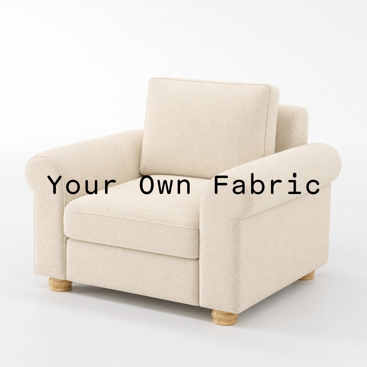 Diagonal view of the Anna Lee armchair upholstered in customers own material calico cotton fabric.