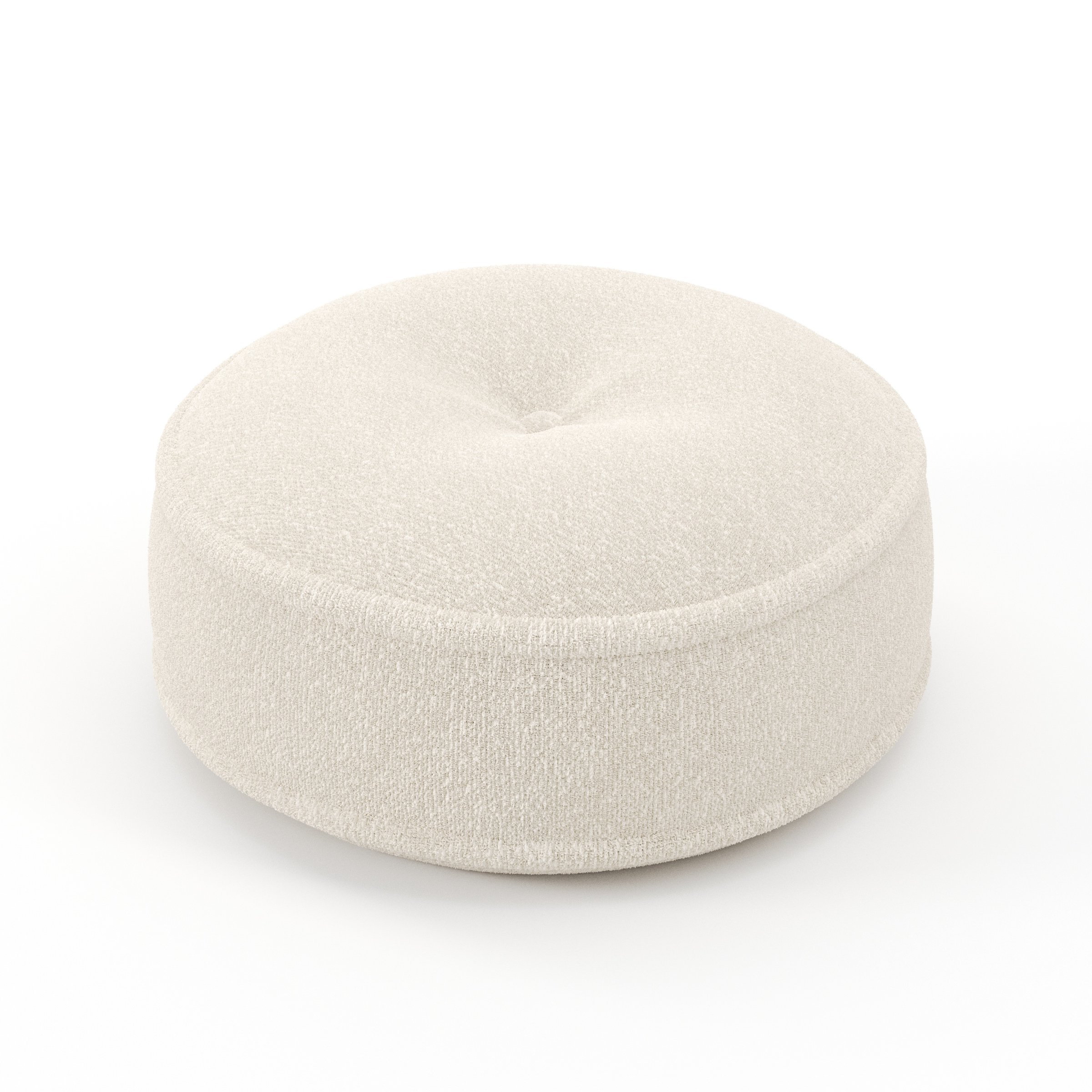 Cove cushion in Kilda Boucle Cream, round tufted cushion with border and piping in soft cream boucle with central tuft, size 40cm x 8.75cm