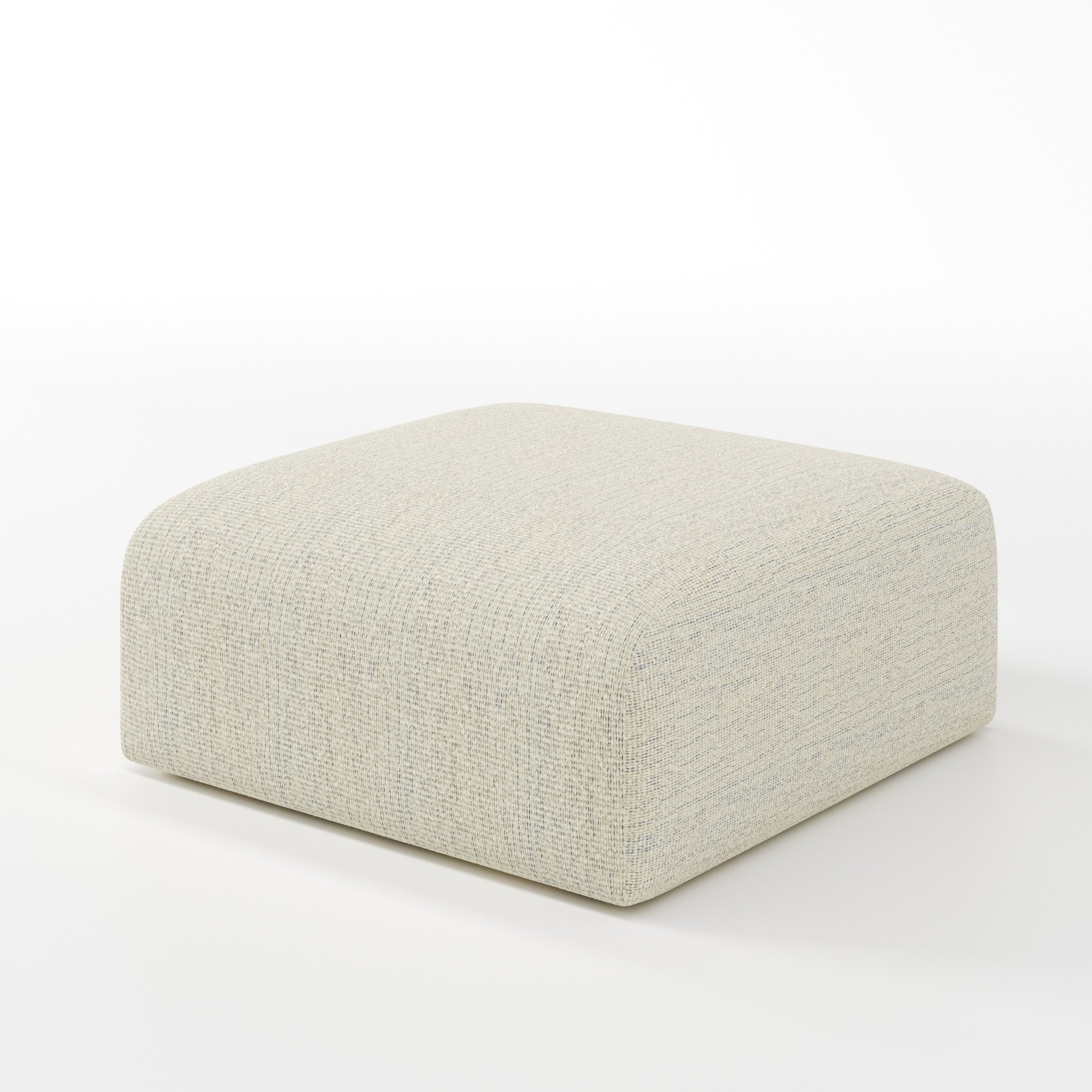 Drumquin footstool in Orsay Boucle Cream and Marine shown at a diagonal angle highlighting smooth sides and minimal silhouette.