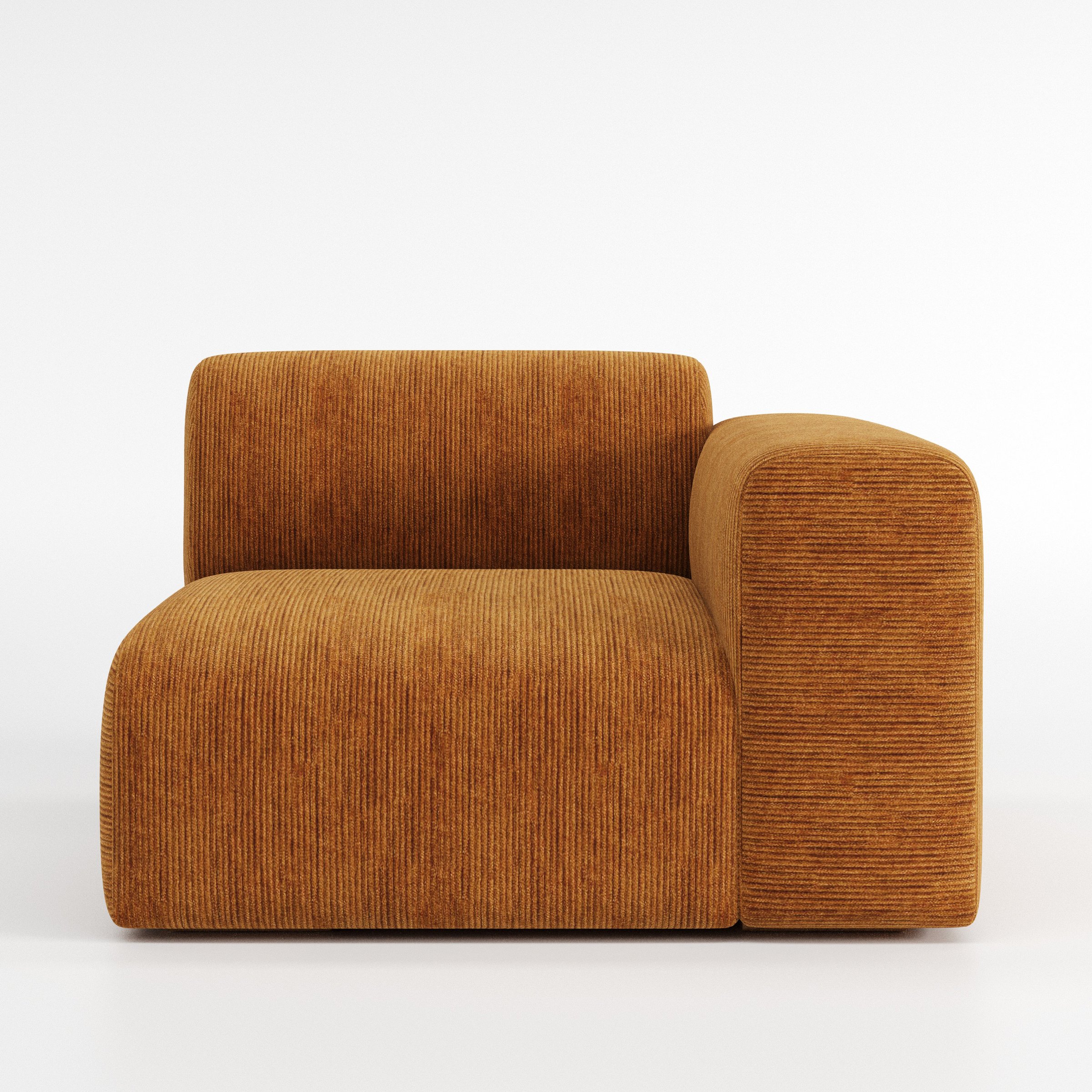 Drumquin modular sofa right side unit in Caldey Velvet Corduroy Tobacco shown from the front with a low, deep seat and a rounded right armrest.