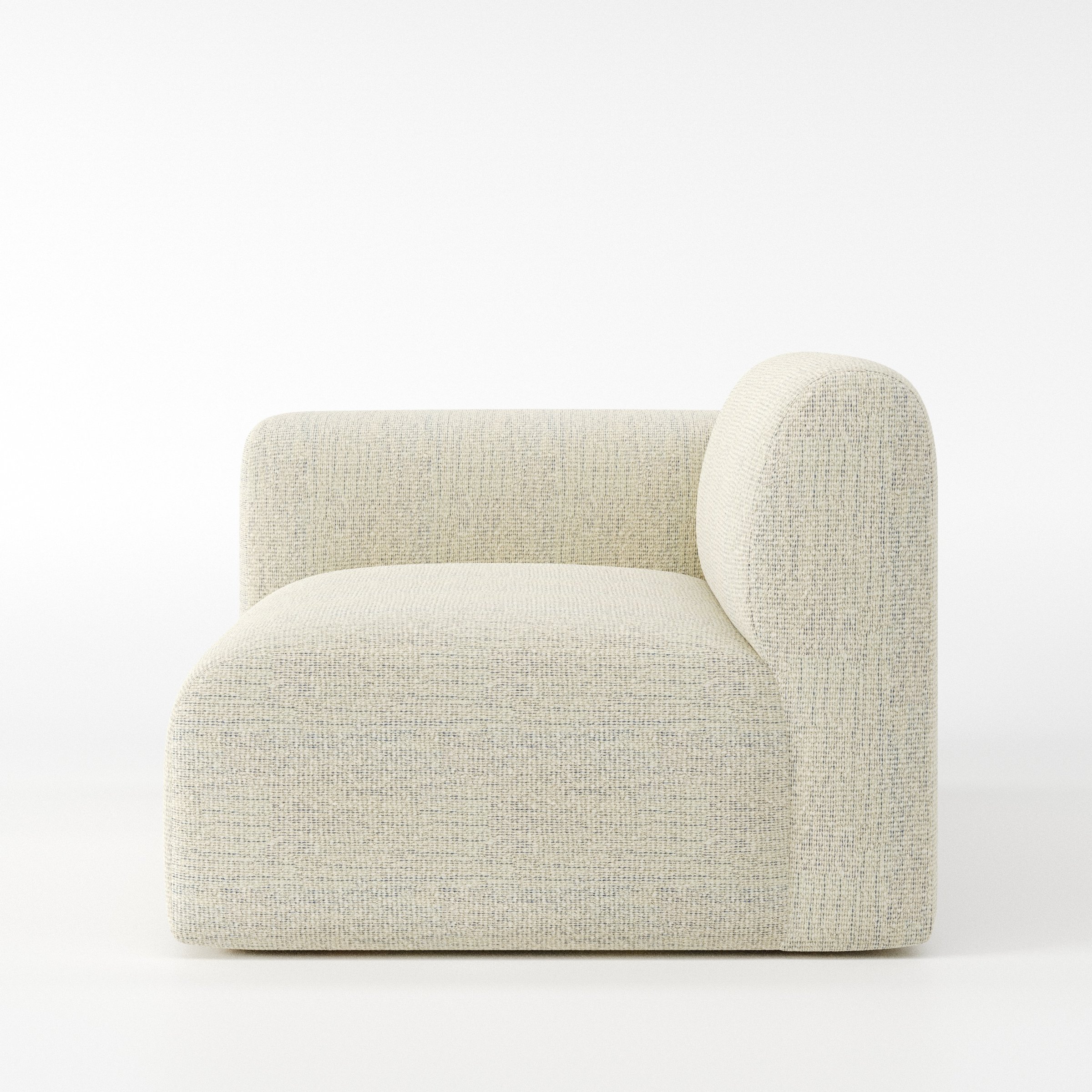 Drumquin modular sofa left side unit in Orsay Bouclé Cream and Marine shown from the side showing the rounded left armrest and deep seat profile.