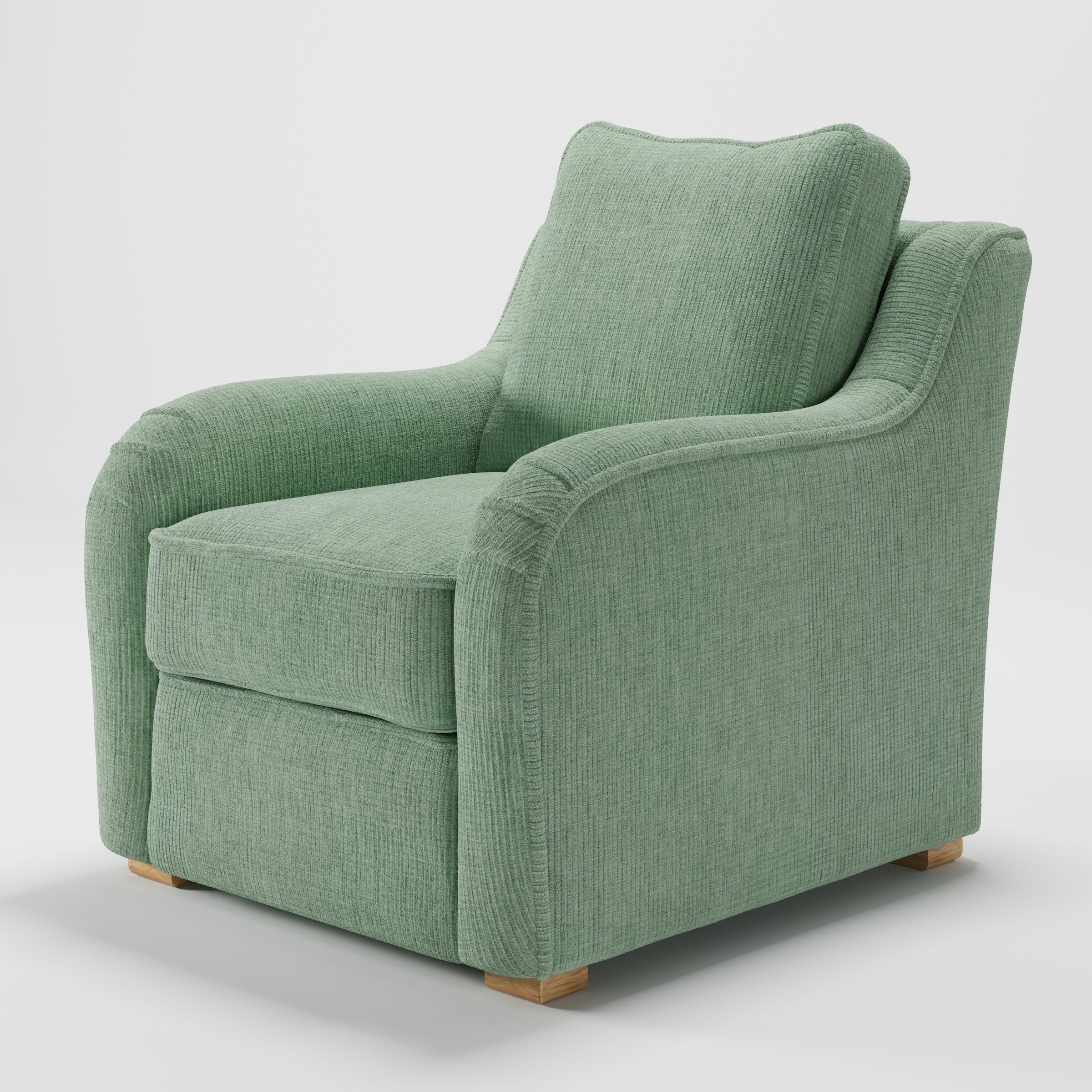 Cashel armchair in Caldey Velvet Corduroy Eucalyptus shown at a diagonal angle highlighting curved arms and seat depth.