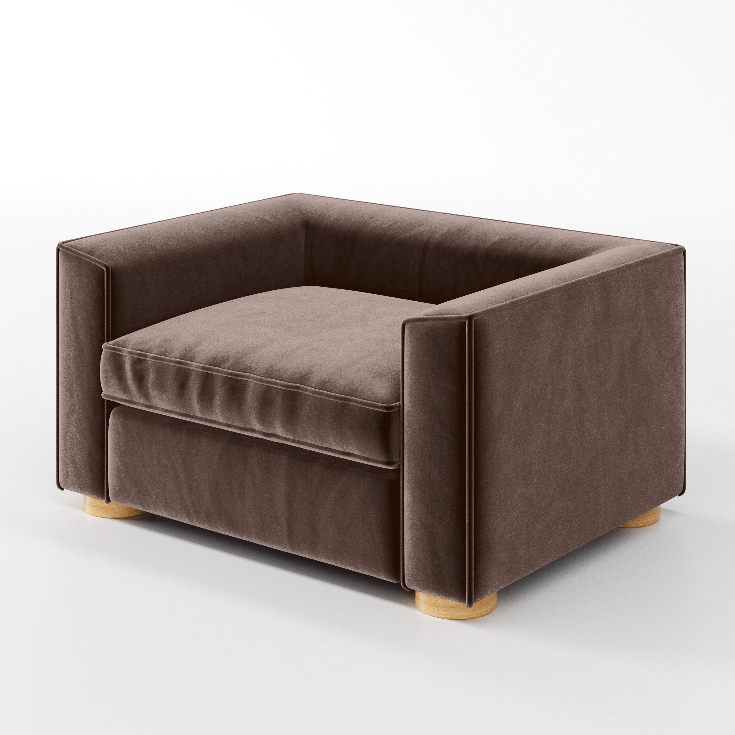 Diagonal view of the Feale armchair upholstered in Plush EasyClean Velvet in Mole.