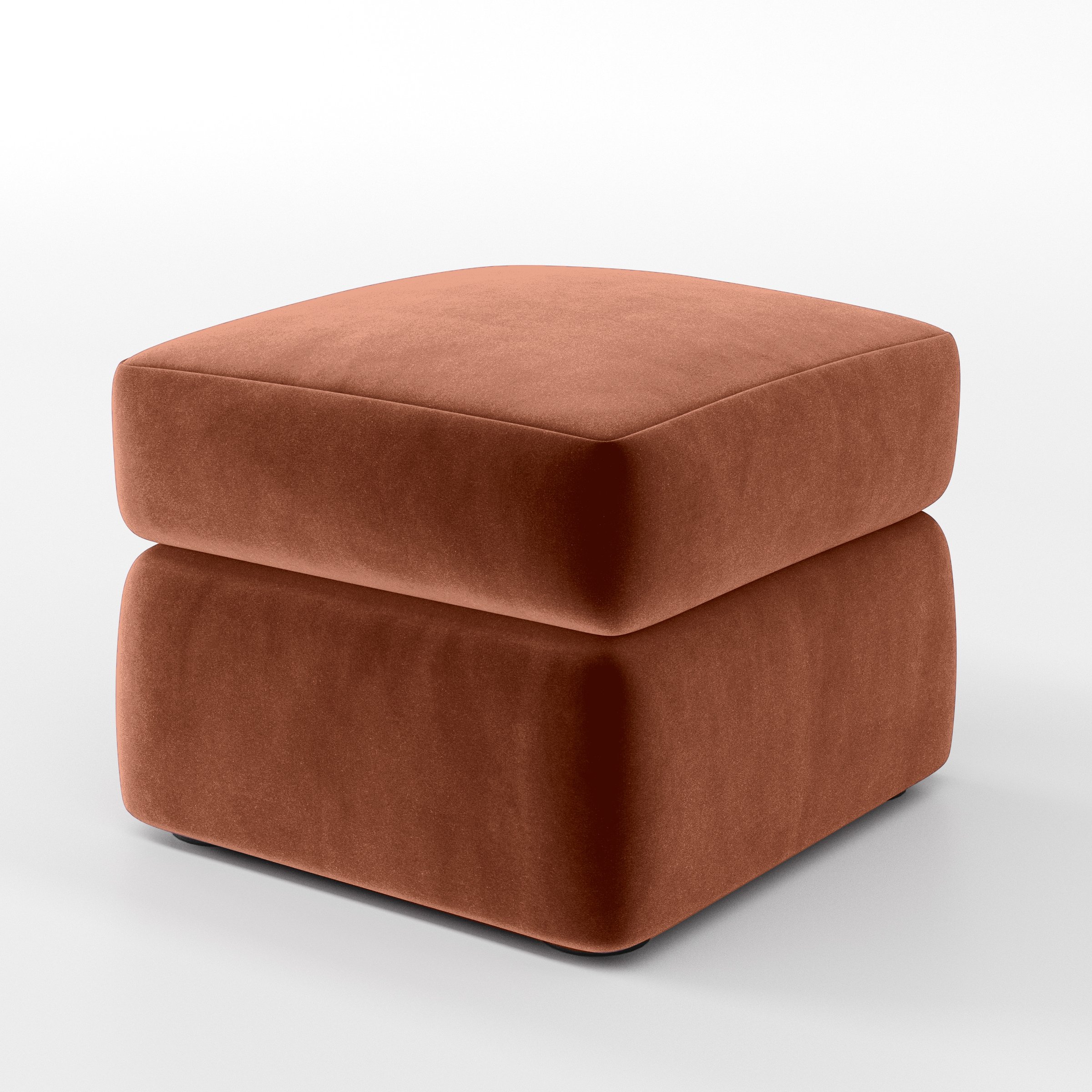 Diagonal view of the Coniston footstool upholstered in Plush EasyClean Velvet in Apricot.