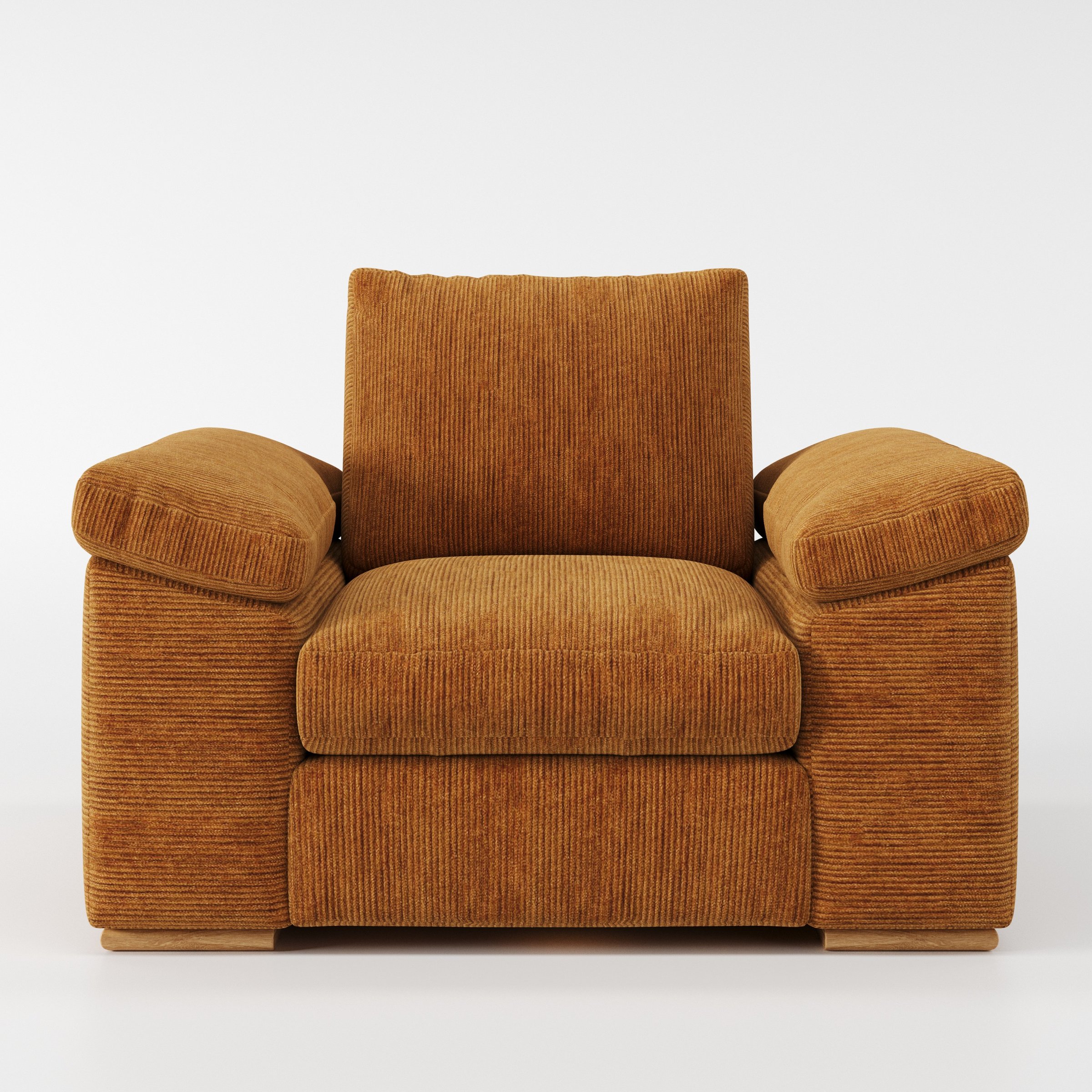 Moy armchair in Caldey Velvet Corduroy Tobacco shown front-on against a neutral studio backdrop.