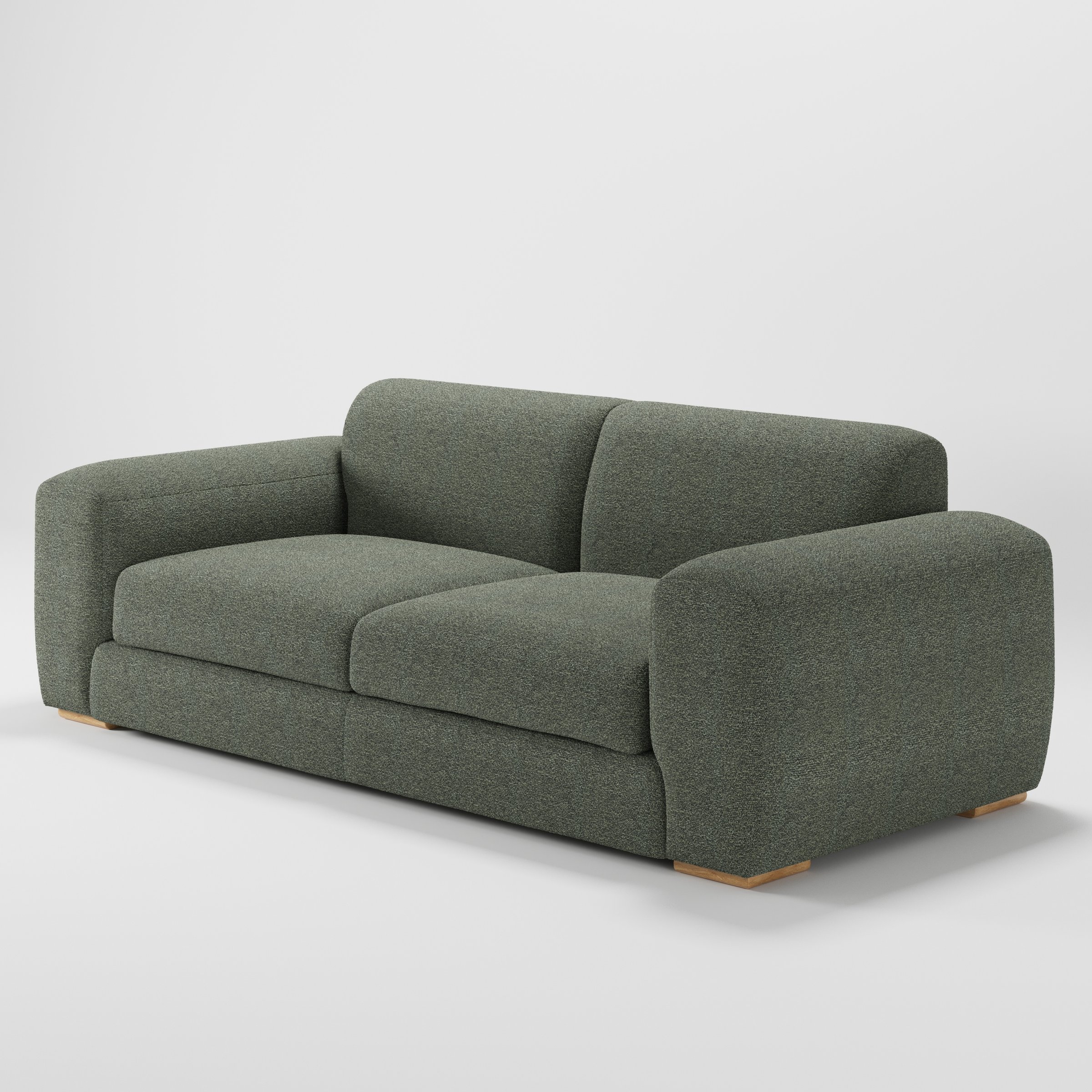 Darwell sofa in Kilda Boucle Moss shown at a diagonal angle highlighting arm profile and seat depth.