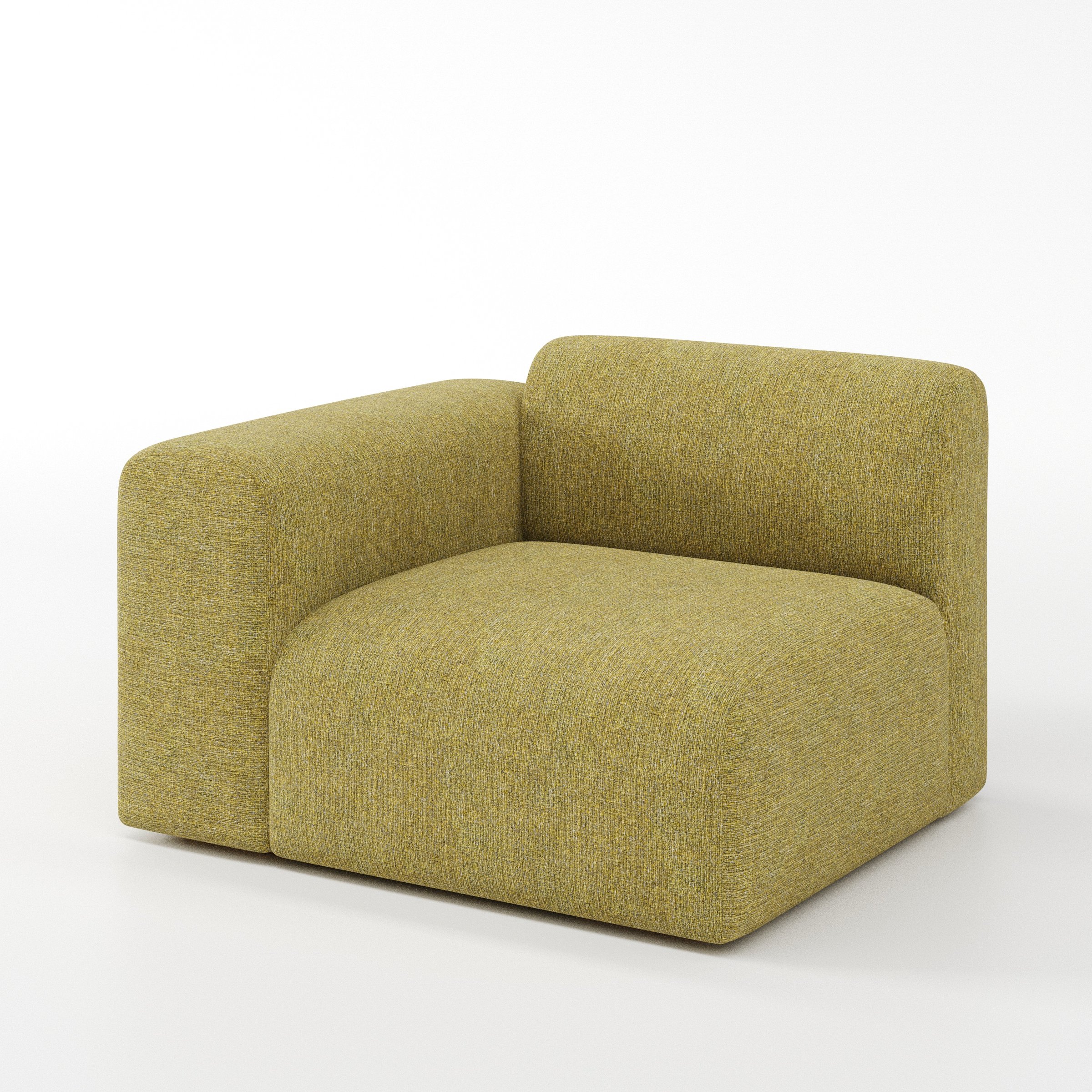 Drumquin modular sofa left side unit in Heyling Tweed Sencha shown at a diagonal angle highlighting the curved left armrest and generous seat depth.