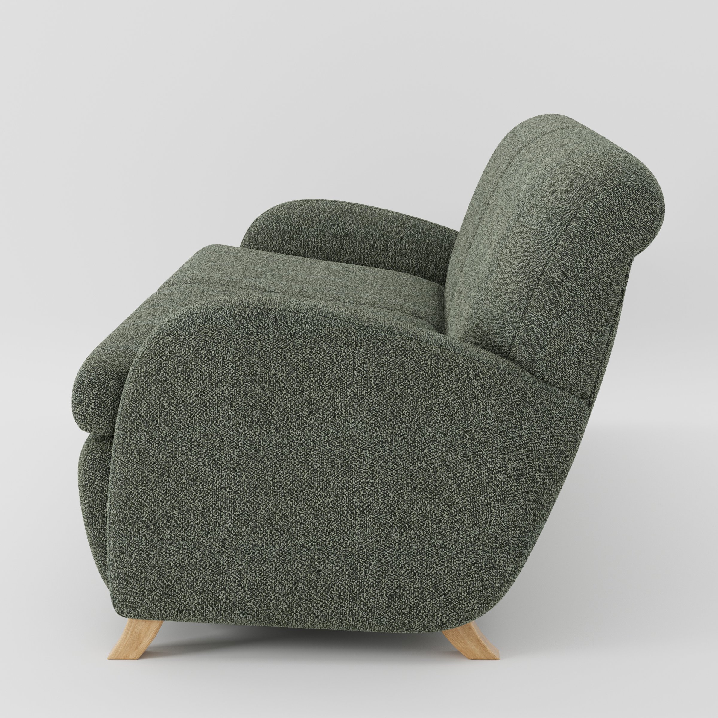 Rye sofa in Kilda Boucle Moss shown in side profile displaying proportions and overall silhouette.