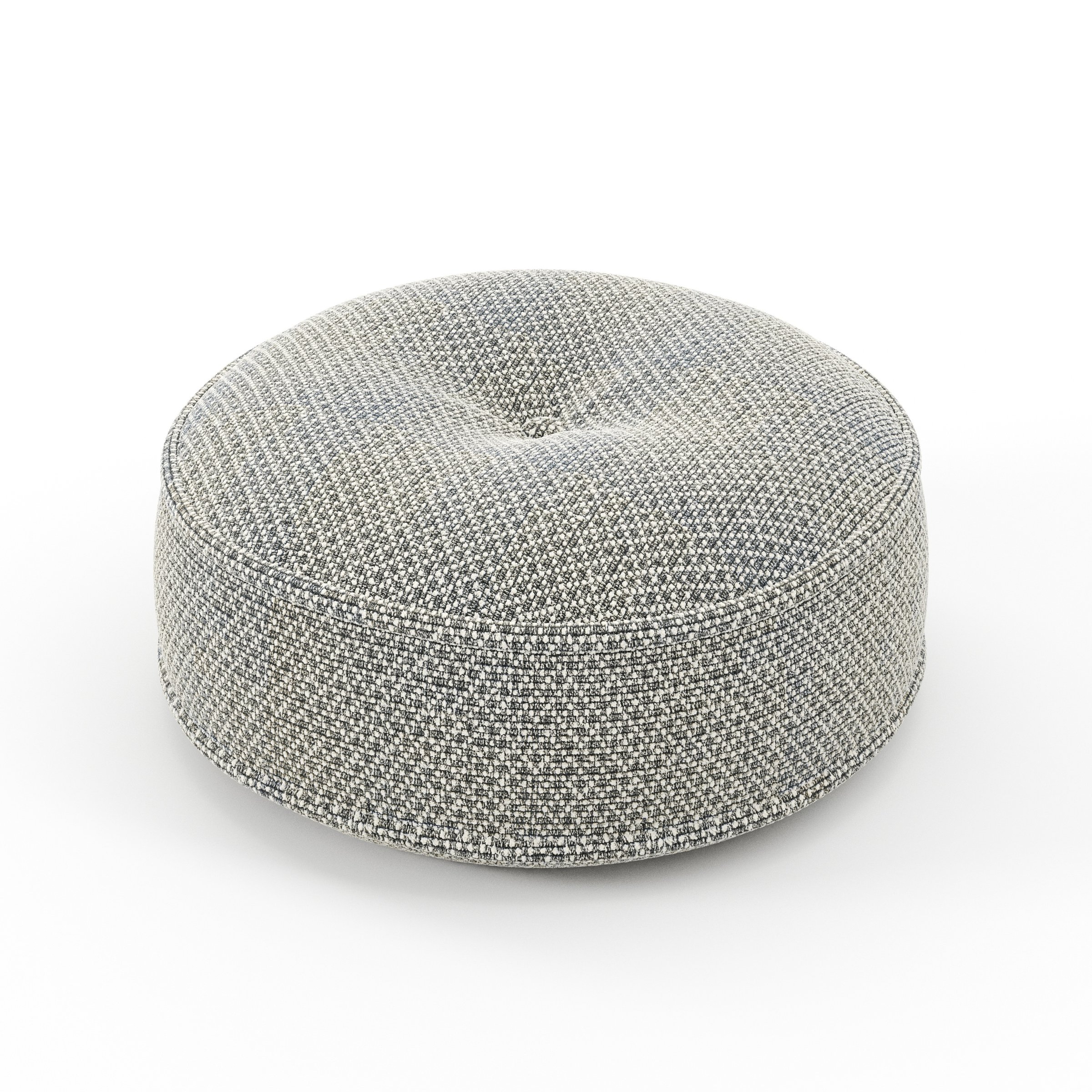 Cove cushion in Rousay Wool Blend Tar and Chalk, round tufted cushion with border and piping in speckled wool blend with contrasting tones and central tuft, size 40cm x 8.75cm