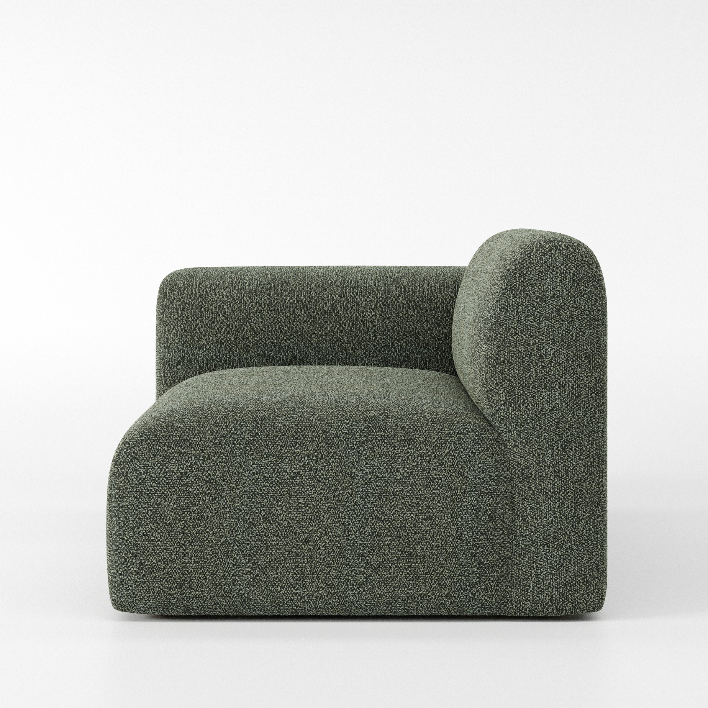 Drumquin modular sofa left side unit in Kilda Bouclé Moss shown from the side showing the rounded left armrest and deep seat profile.