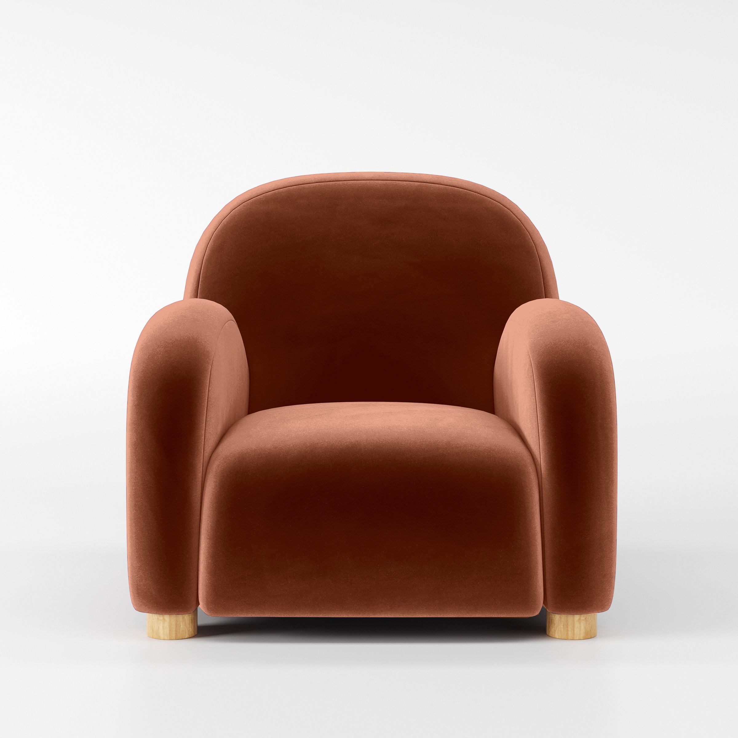 Front view of the Awe armchair upholstered in Plush EasyClean Velvet in Apricot.