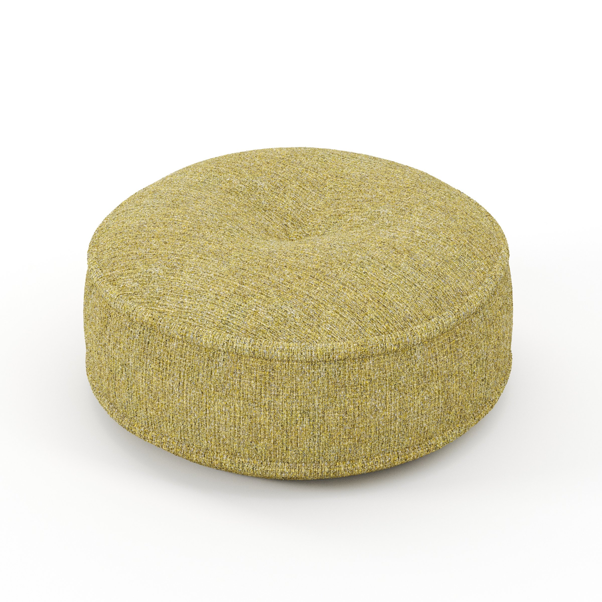 Cove cushion in Heyling Tweed Sencha, round tufted cushion with border and piping in green-toned tweed fabric with central tuft, size 40cm x 8.75cm