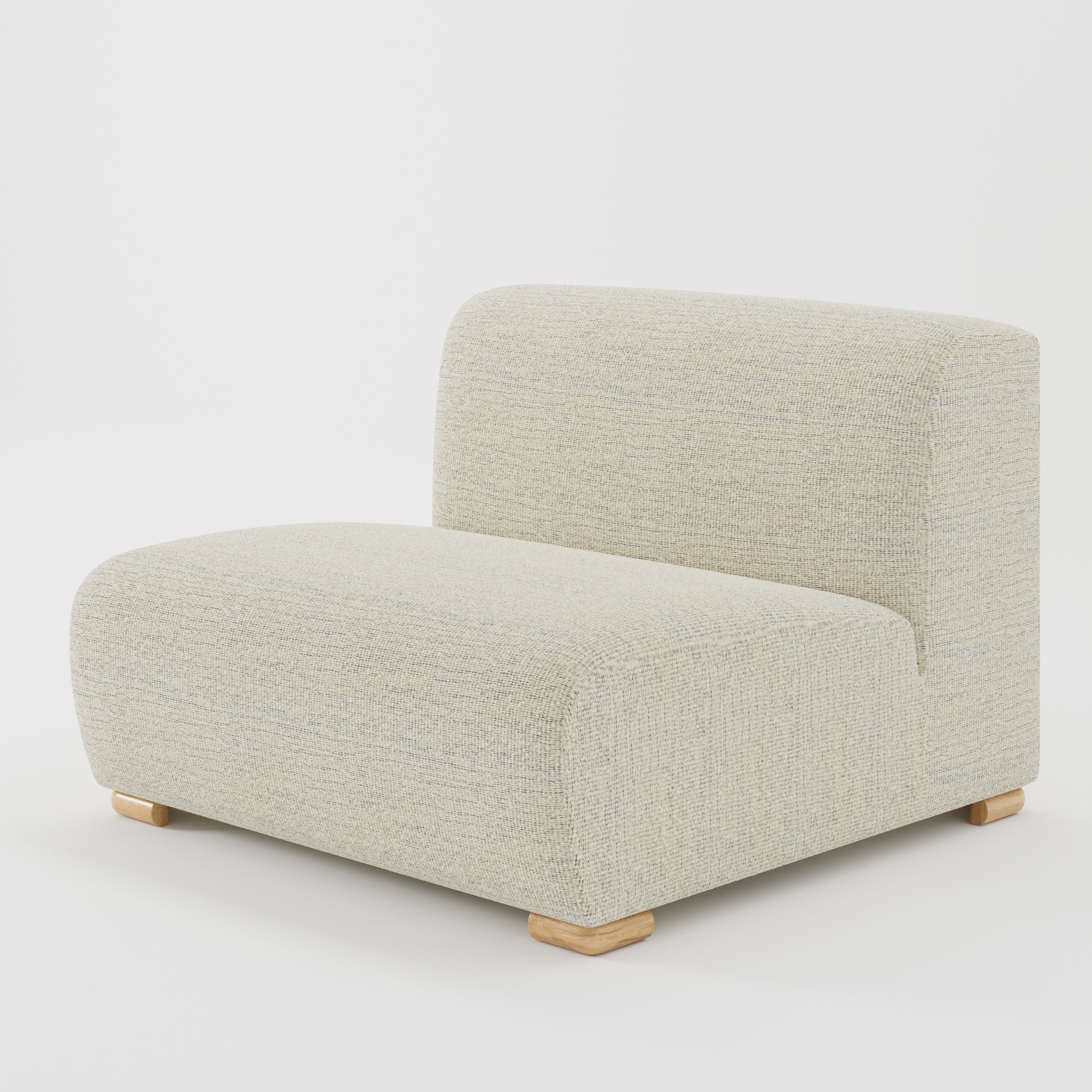 Tay single sofa unit in Orsay Bouclé Cream and Marine shown at a diagonal angle highlighting its soft rounded edges and compact, armless form.