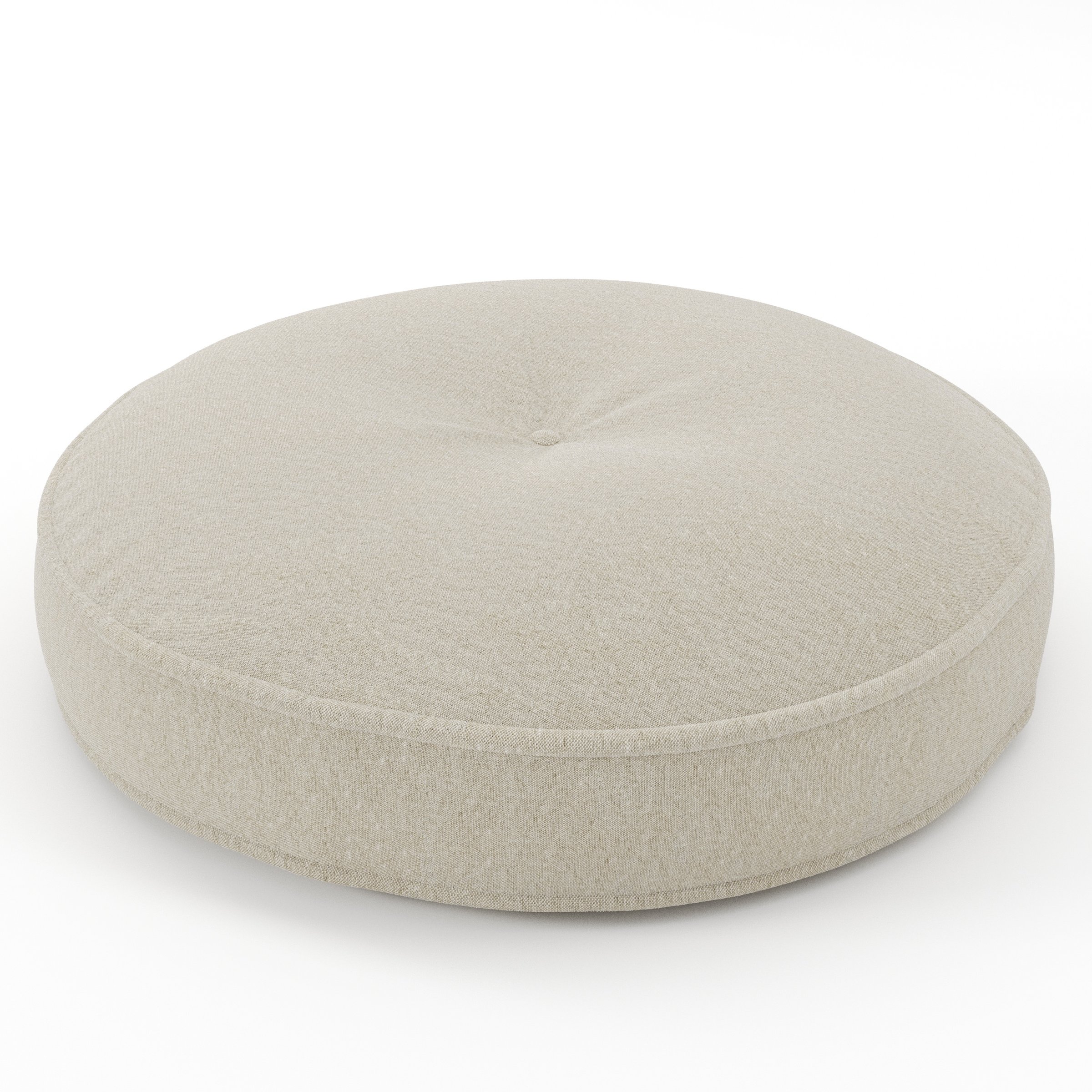 Cove cushion in Alderney Linen Oatmeal, round tufted cushion with border and piping in natural oatmeal linen with subtle central tuft, size 60cm x 8.75cm