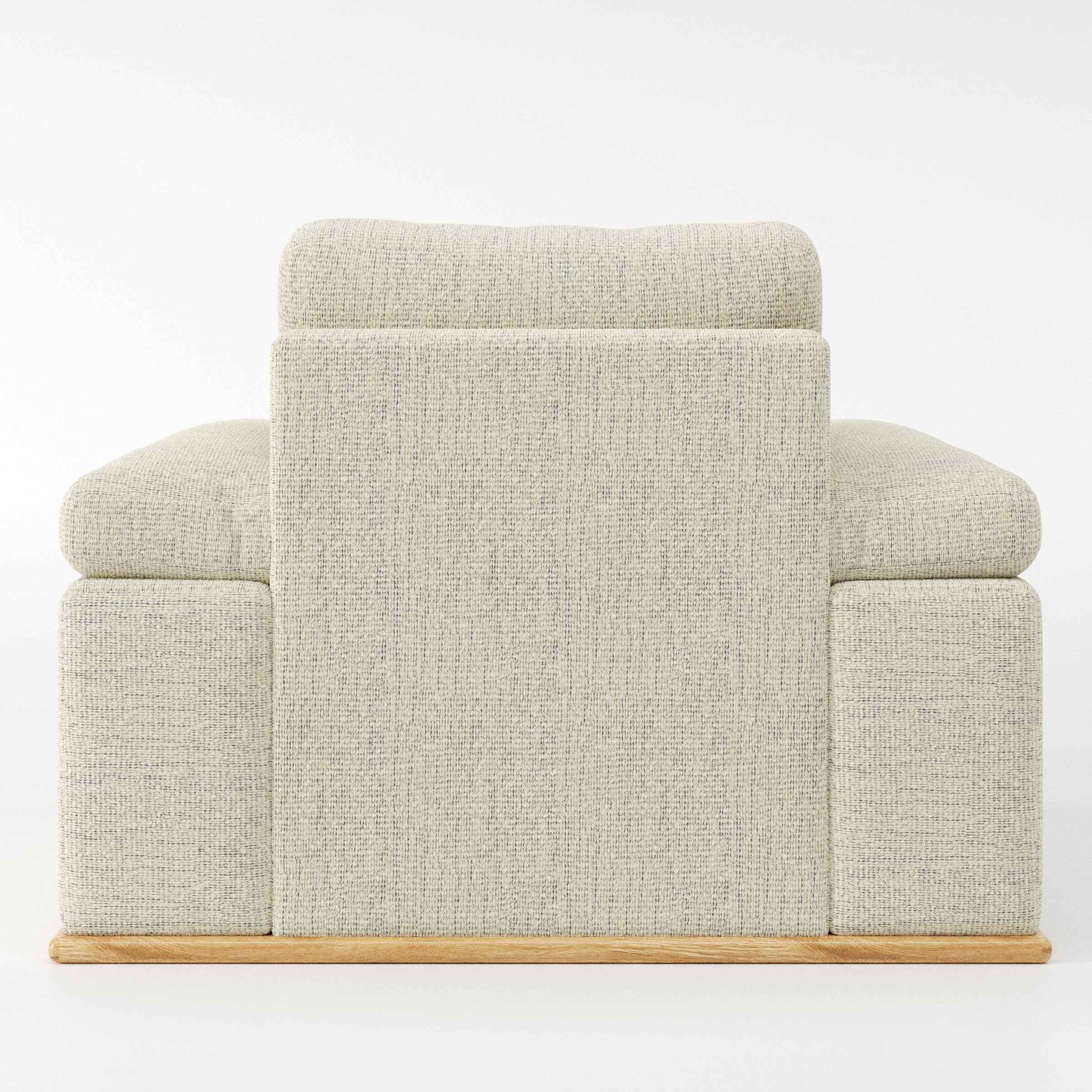Cusher armchair in Orsay Boucle Cream and Marine shown from the rear highlighting backrest shape and upholstery finish.