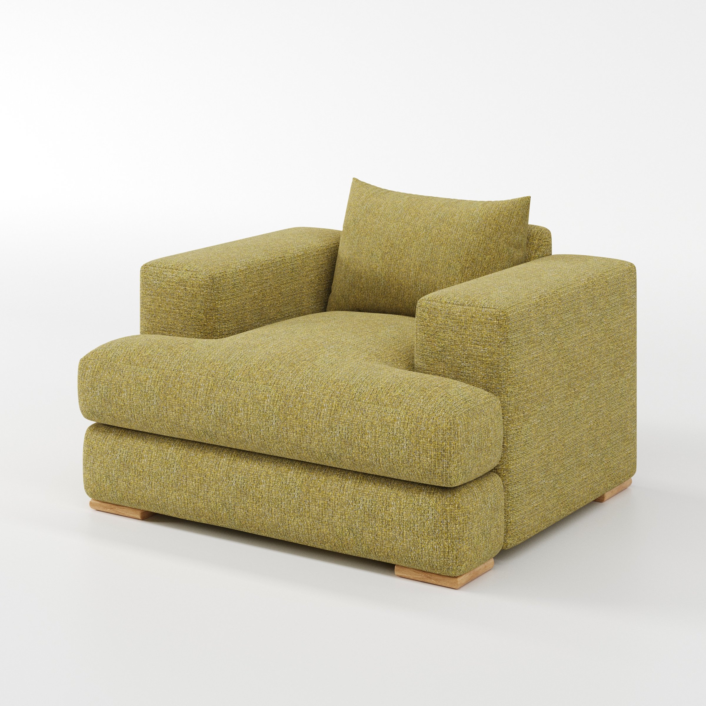 Fane armchair in Heyling Tweed Sencha shown at a diagonal angle highlighting arms and seat depth.