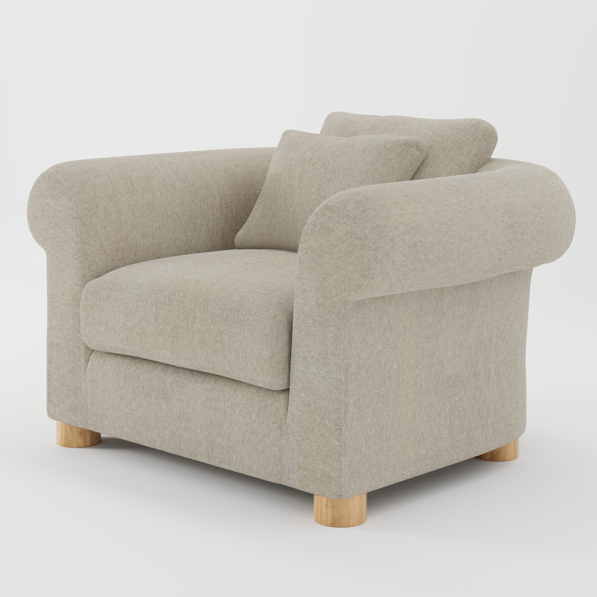 Windermere armchair in Alderney Linen Oatmeal shown at a diagonal angle highlighting rounded arms and relaxed seat depth.